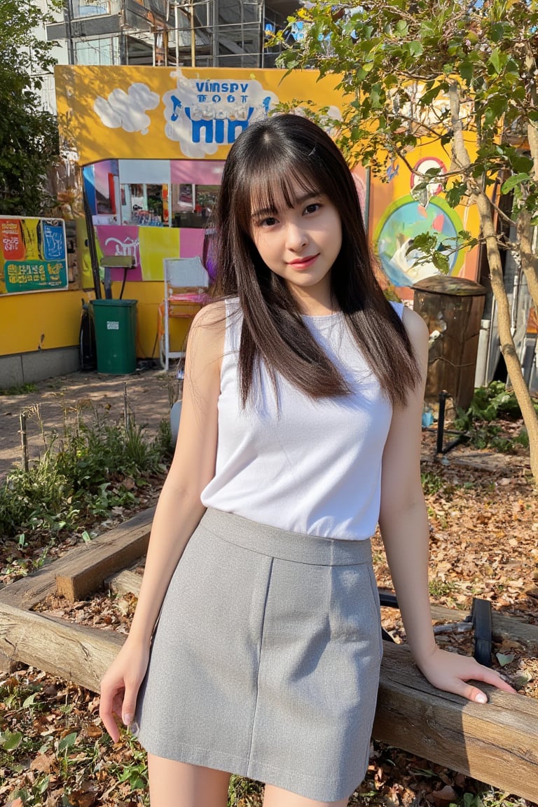 A fashionable young girl taking photos in the sunny weather, wearing white shirt, gray skirt, with a background of Memphis-style photography elements, featuring bright colors and artistic vibes. High-definition photo of a cewe-sma in vibrant Memphis-style setting under the sun, full of lively colors and youthful energy,light,Nice legs and hot body,1girl,cewe-sma,flux-jgirl