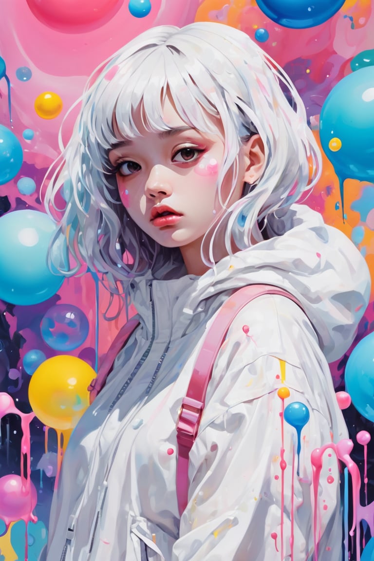 dripping paint,abstract,gouche,white,totally white,pastel colors,(bubble drip)1girl with techwear clothes,sexy,circular shapes on background,melt,vaporwave style,beautymix