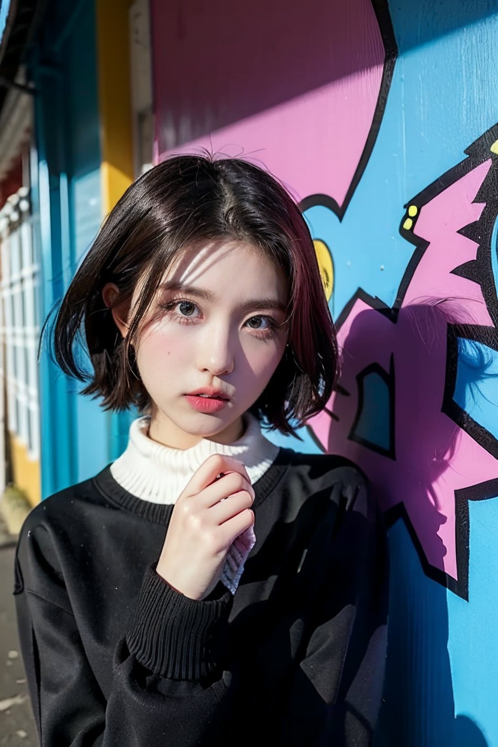 breathtaking . award-winning, professional, highly detailed ,1 girl with tuttleneck sweater ,Graffiti alley , Benihiwada theme , Shag,full_body
,Detailedface,ayanamirei,gaeul_ivez