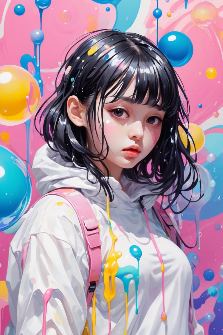 dripping paint,abstract,gouche,white,totally white,pastel colors,(bubble drip)1girl with techwear clothes,sexy,circular shapes on background,melt,vaporwave style,beautymix