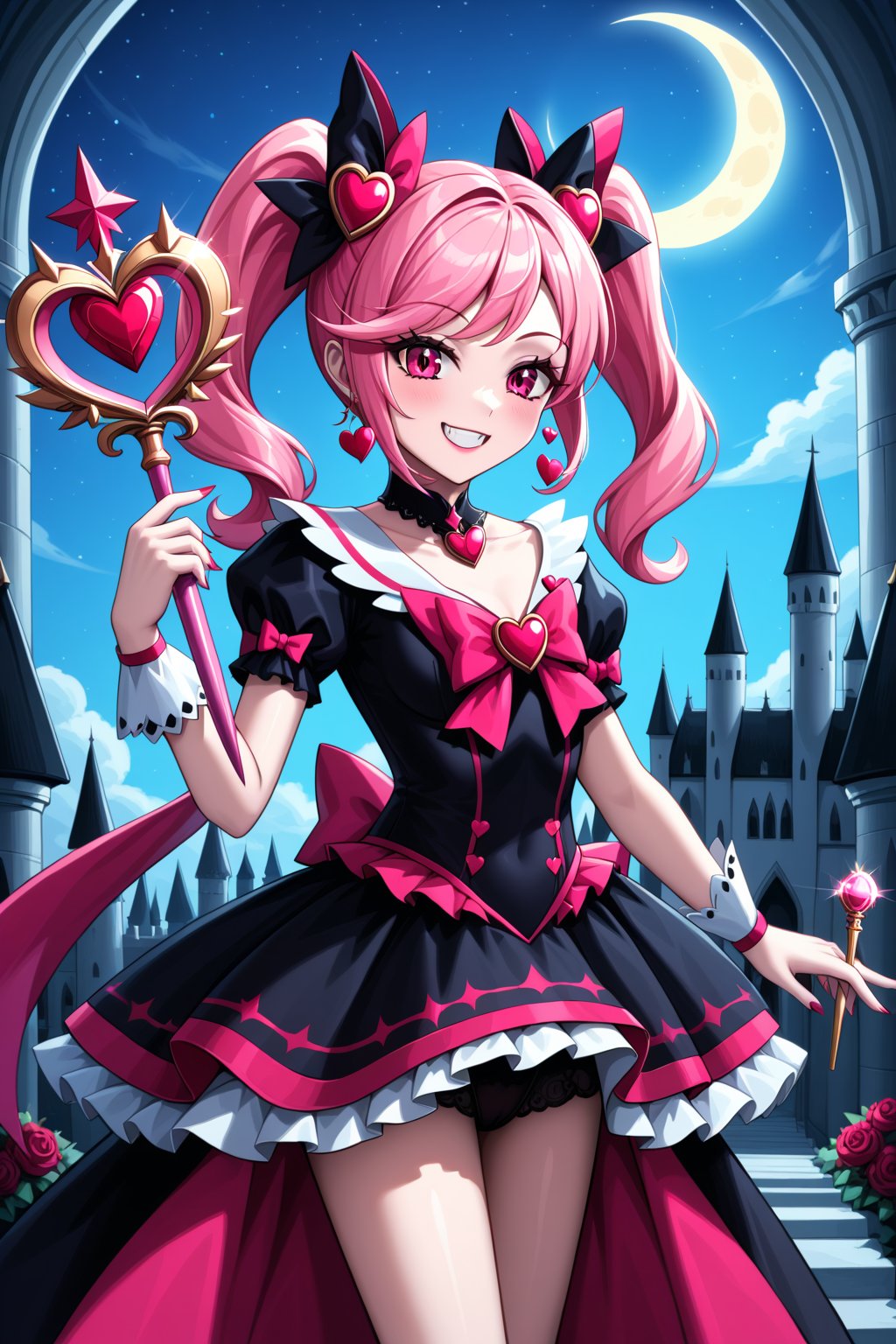 masterpiece, best quality, very aesthetic, absurdres, safe, (1girl), vampire, magical girl, black dress, skirt, pink pigtails, holding a heart scepter, smiling at viewer, castle, night,