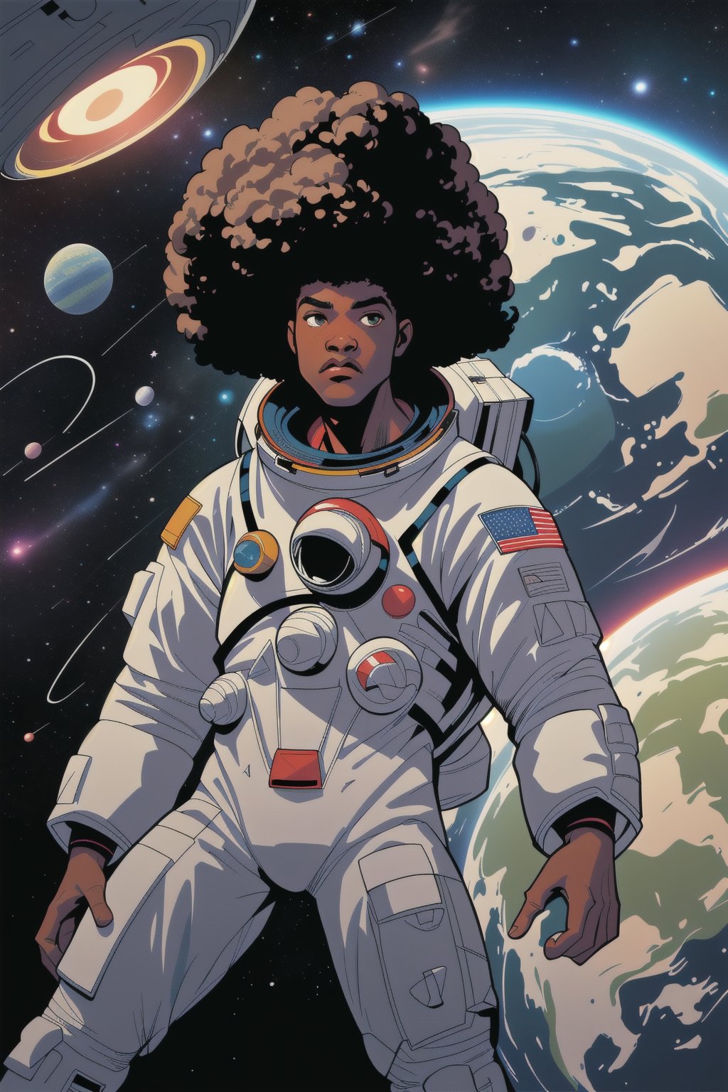 An African American hip-hop boy with an afro hair,  wearing a space suit on moon,  outer space by Sampleguy50 on Tensor.Art