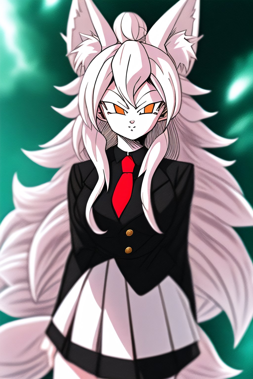 1girl, Loli, Fox Ears, long hair, white hair, Black suit, Red tie, white skirt, SuperSaiyan