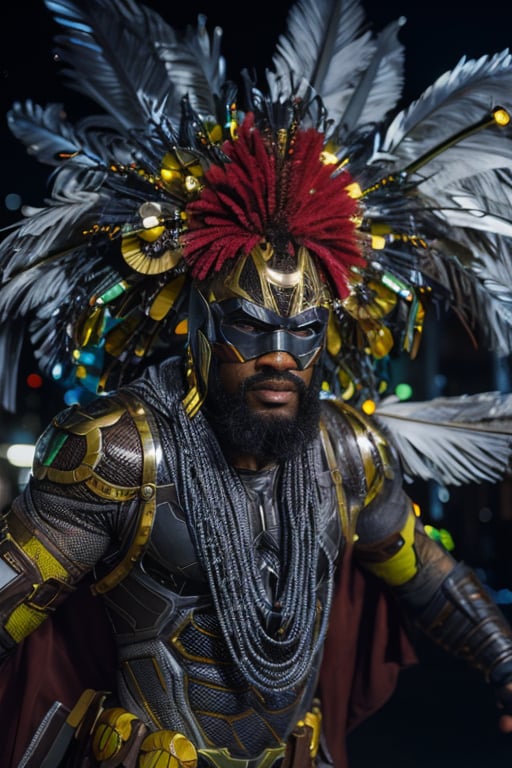 full body, photo of muscular bearded black guy wearing batman suit, ((light bokeh)), intricate, (steel metal [rust]), elegant, sharp focus, photo by greg rutkowski, soft lighting, vibrant colors, (masterpiece), ((streets)), (detailed face:1.1), eye iris