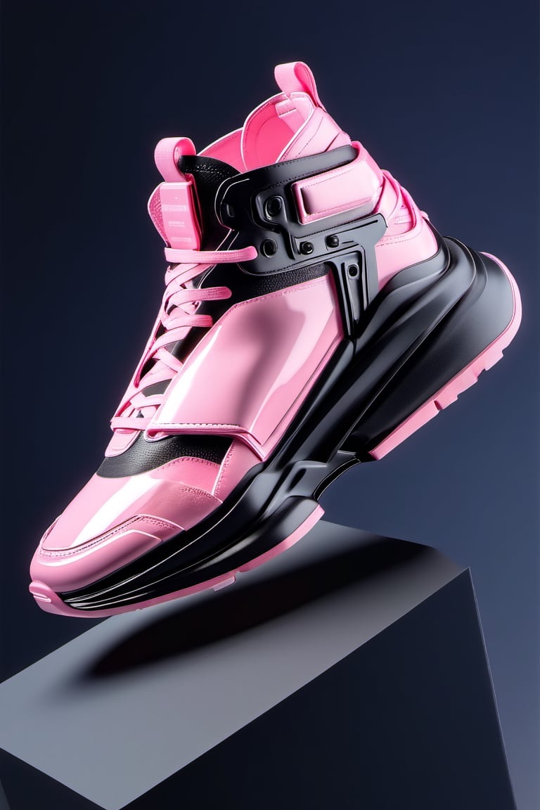 masterpiece, 3d model, plain balenciaga style shoes, only sneaker, 1 shoe, 8k, black pink color, mecha, square logo