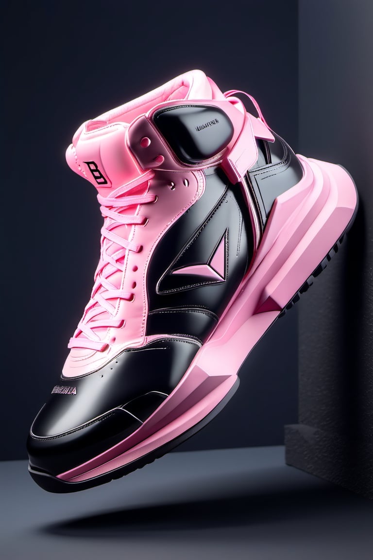 masterpiece, 3d model, plain tennis style shoes, only sneaker, 1 shoe, 8k, black pink color, mecha, square logo, balenciaga style