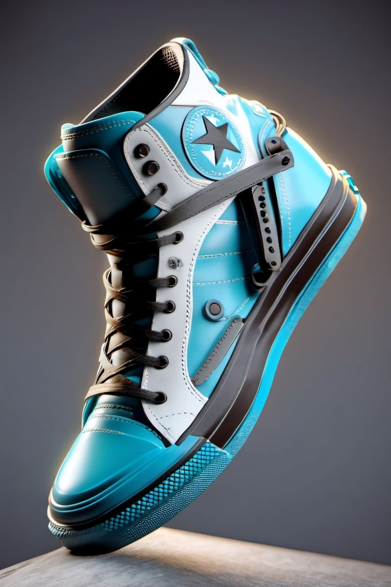 masterpiece, 3d model, plain converse style shoes, only sneaker, 1 shoe, 8k, cyan black color, mecha, 