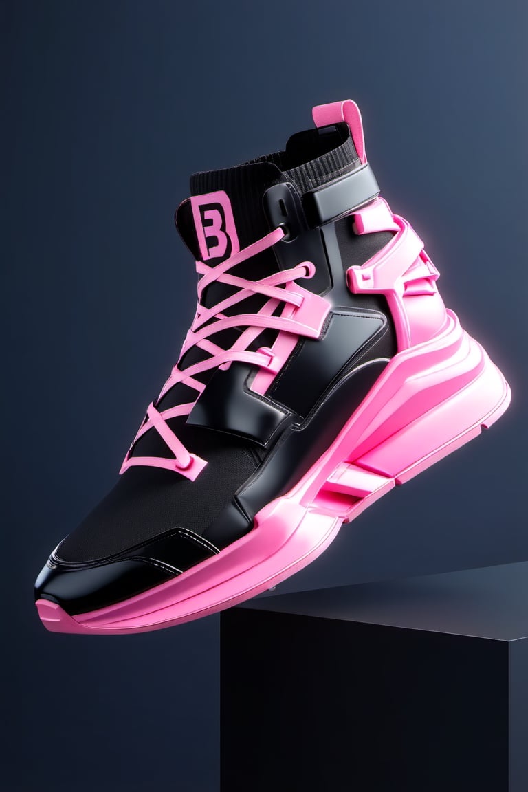 masterpiece, 3d model, plain balenciaga style shoes, only sneaker, 1 shoe, 8k, black pink color, mecha, square logo