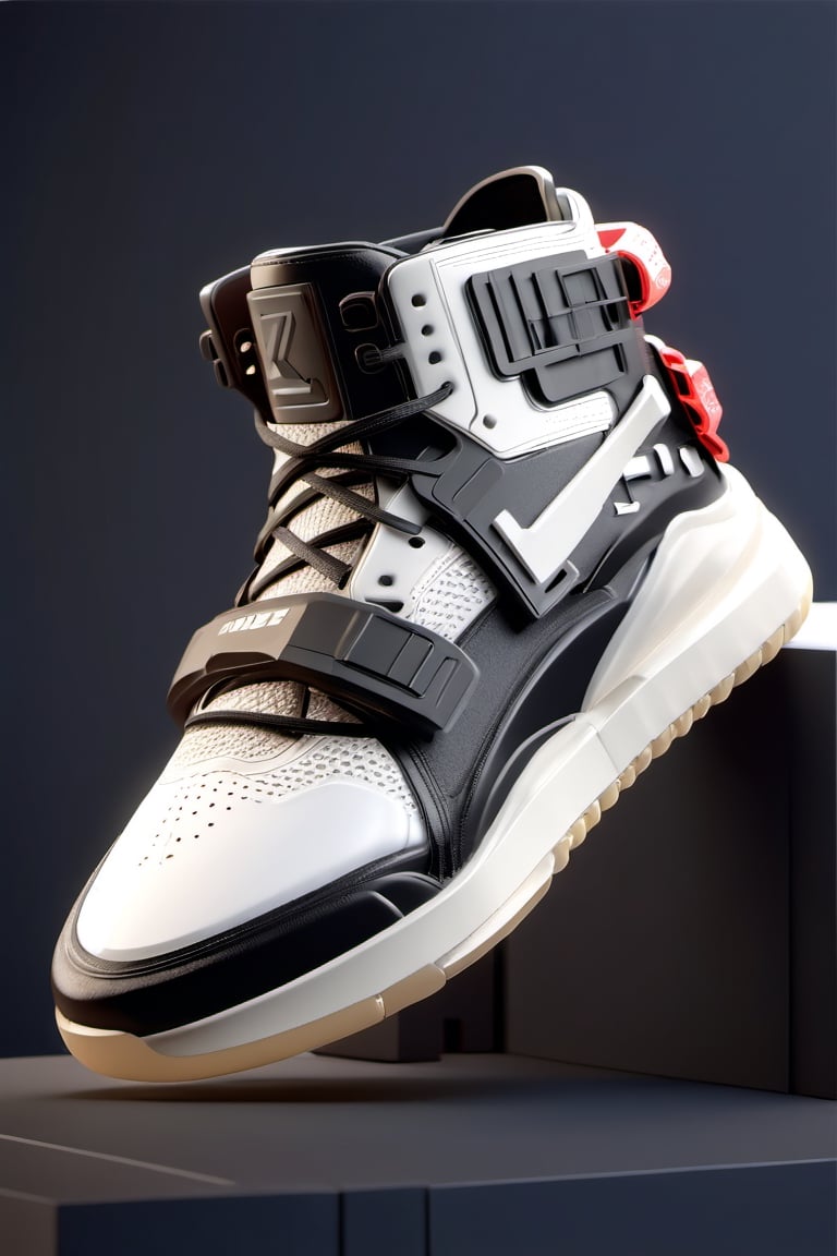 masterpiece, 3d model, plain yezzy style shoes, only sneaker, 1 shoe, 8k, black white color, mecha, square logo