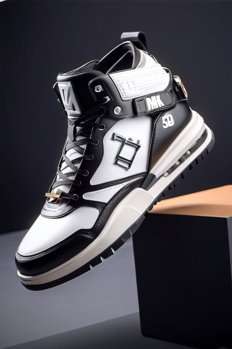 masterpiece, 3d model, plain casual style shoes, only sneaker, 1 shoe, 8k, black white color, mecha, square logo