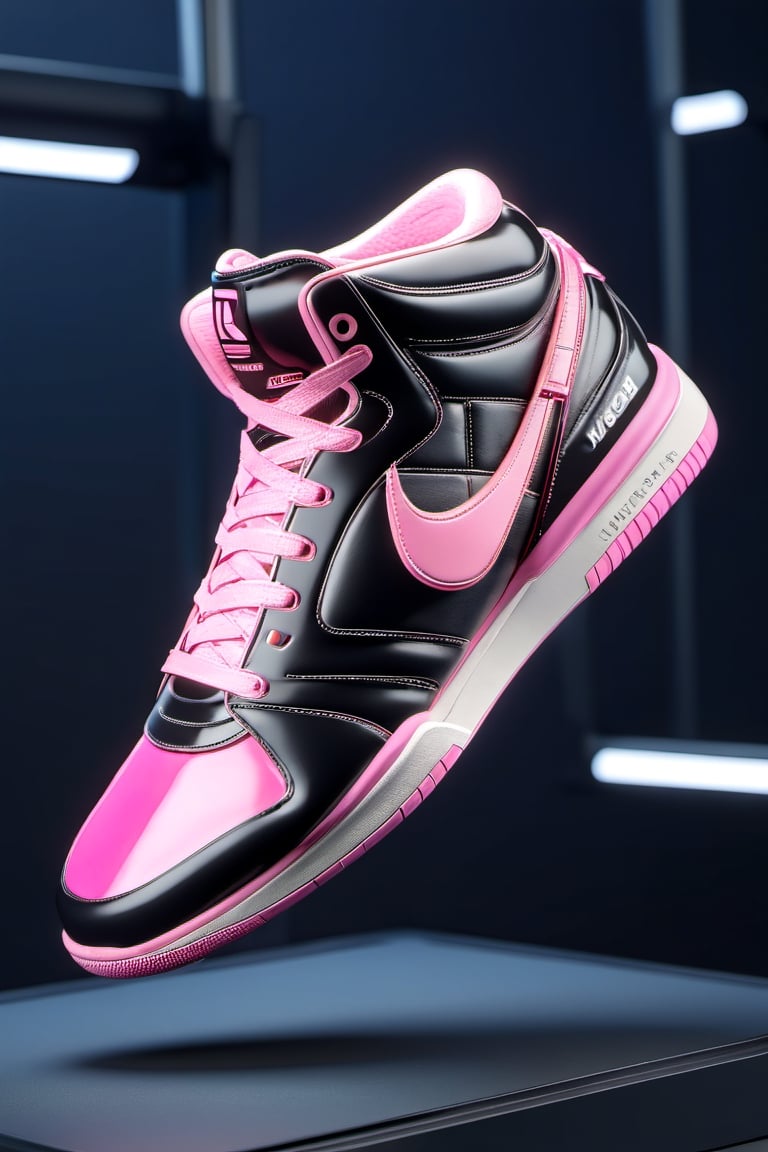 masterpiece, 3d model, plain tennis style shoes, only sneaker, 1 shoe, 8k, black pink color, mecha, square logo, 