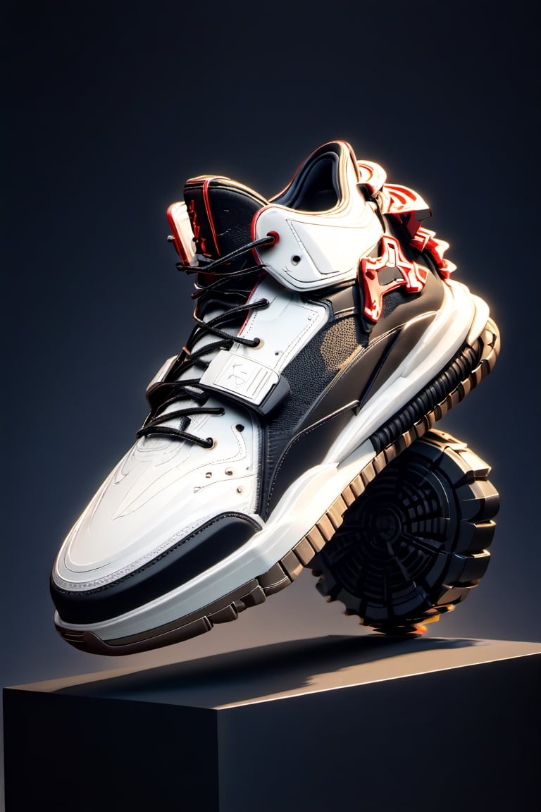 masterpiece, 3d model, plain yezzy style shoes, only sneaker, 1 shoe, 8k, black white color, mecha, square logo,oni style