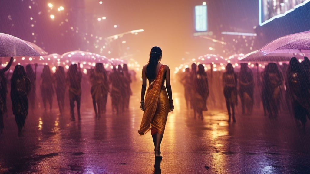 a cinematic photograph of Indian Goddess walking through a futuristic city of Amaravati street whilst a large group of cyberpunks follow, rain falls, festival lights light up the street, ultra realistic, high definition 