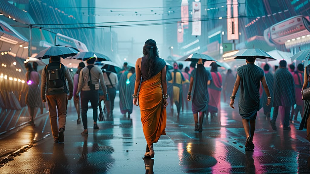 a cinematic photograph of Indian Goddess walking through a futuristic city of Amaravati street whilst a large group of cyberpunks follow, rain falls, festival lights light up the street, ultra realistic, high definition 