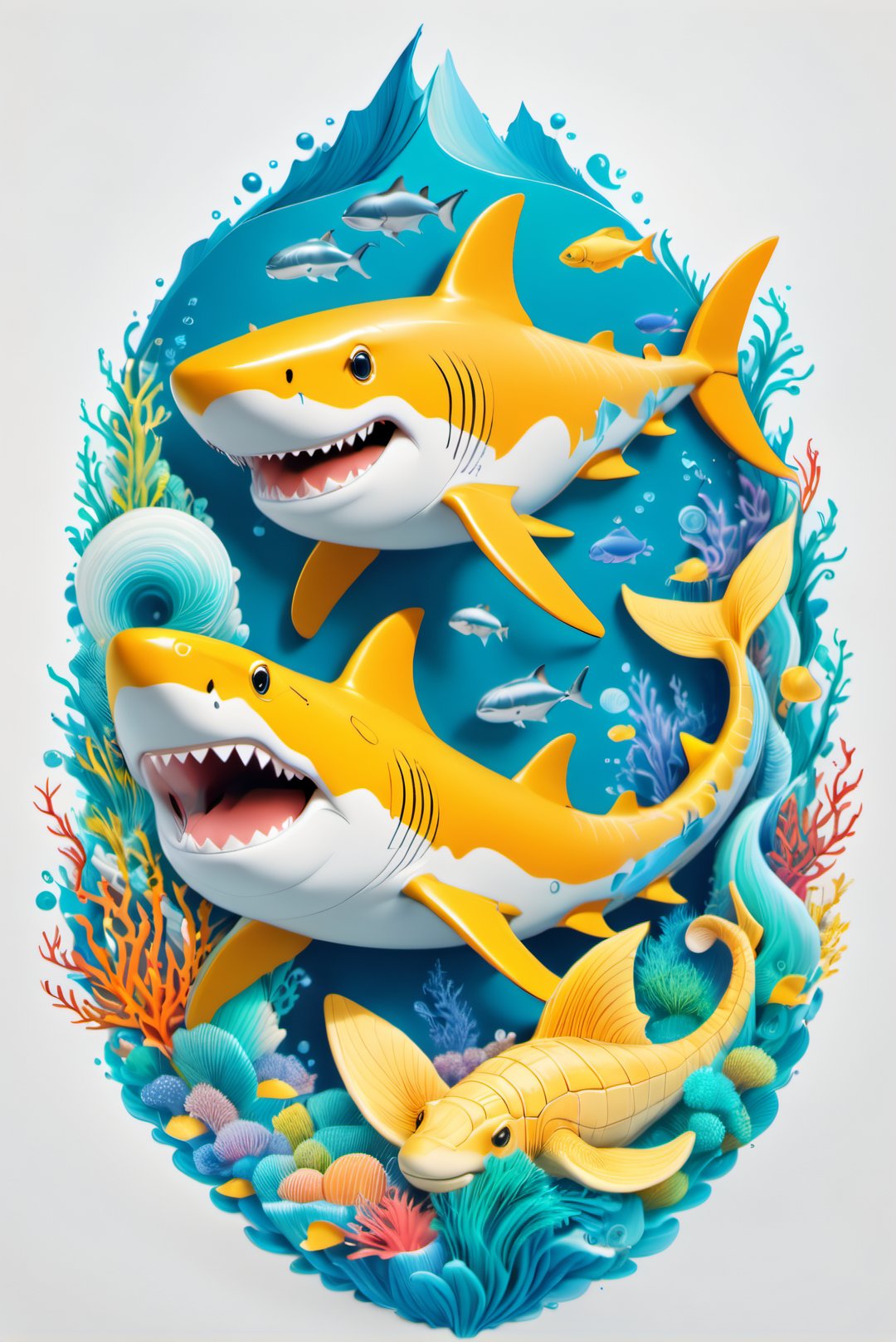 Paint a picture of ocean life. Incorporate elements like a shark, a sea tortoise, a seahorse, a whale etc along with natural elements like rivers, snow capped mountains, forests etc to create a unique and intricate design, symmetrical,perfect_symmetry,Leonardo Style,oni style, line_art,3d style, white background