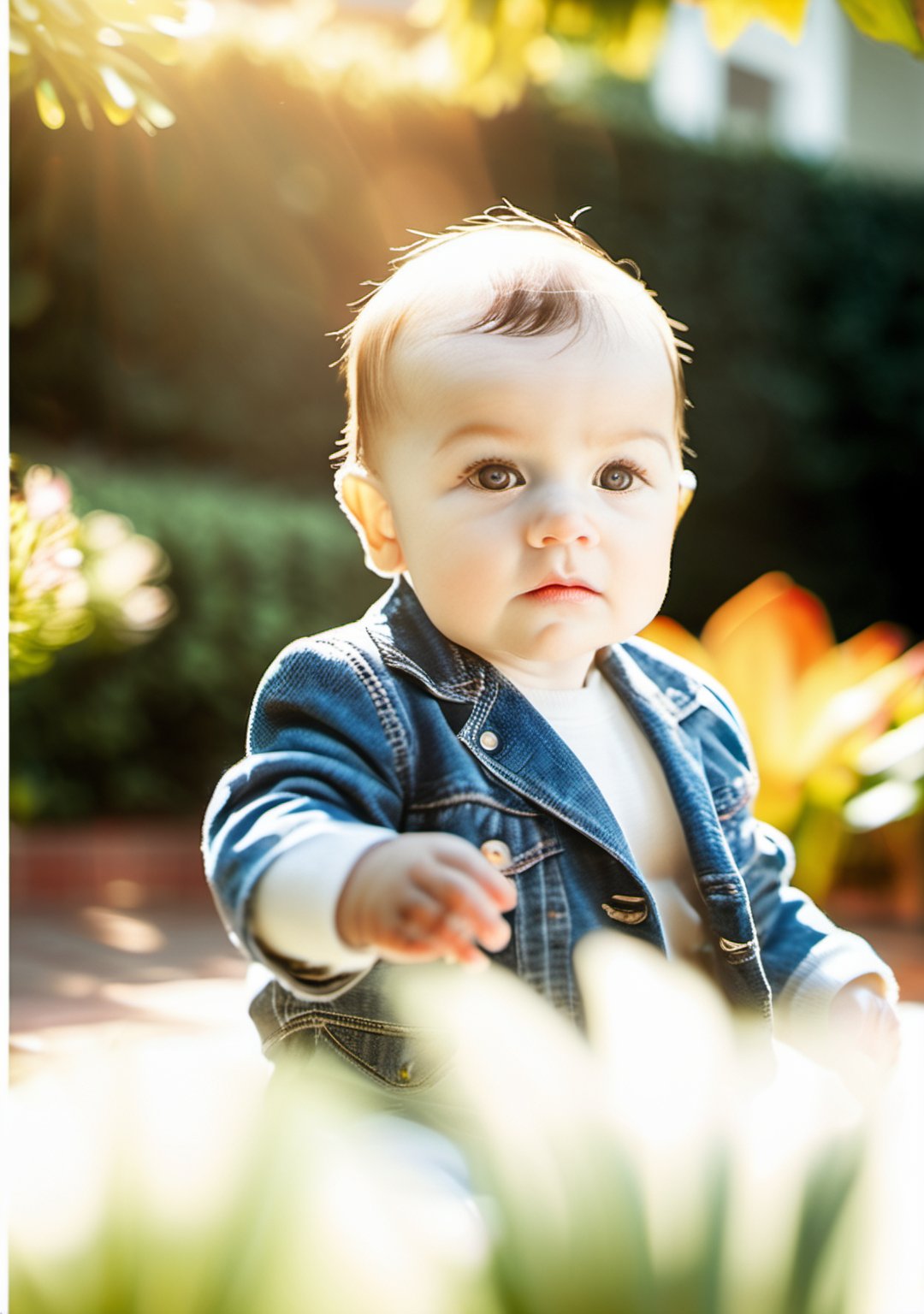 raw photo of a baby, art photography, sun light, best quality, masterpiece, outdoor garden, high key