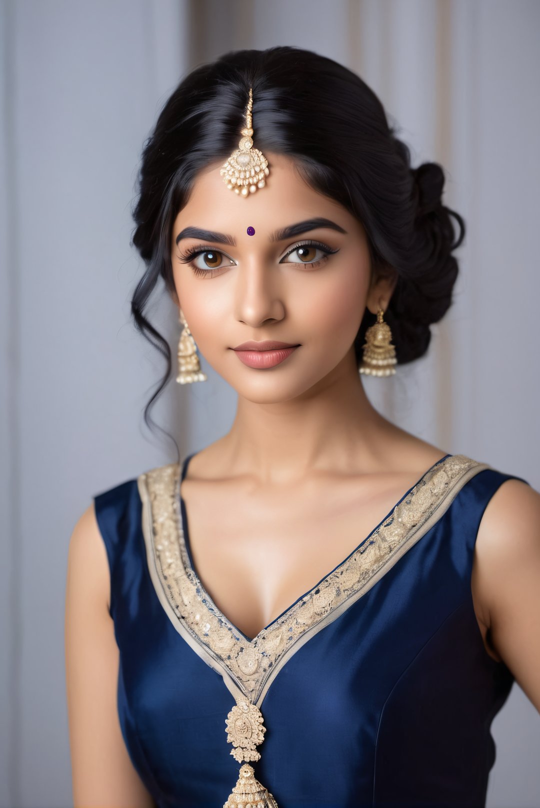  A beautiful white Indian girl wearing a gorgeous navy blue dress, black wavy hairstyle, standing in the corner looking at the camera, 19th century American banquet style, portrait style,Looking at the camera,ulta realistic, detailed, clear focus, deep focus, mouth closed