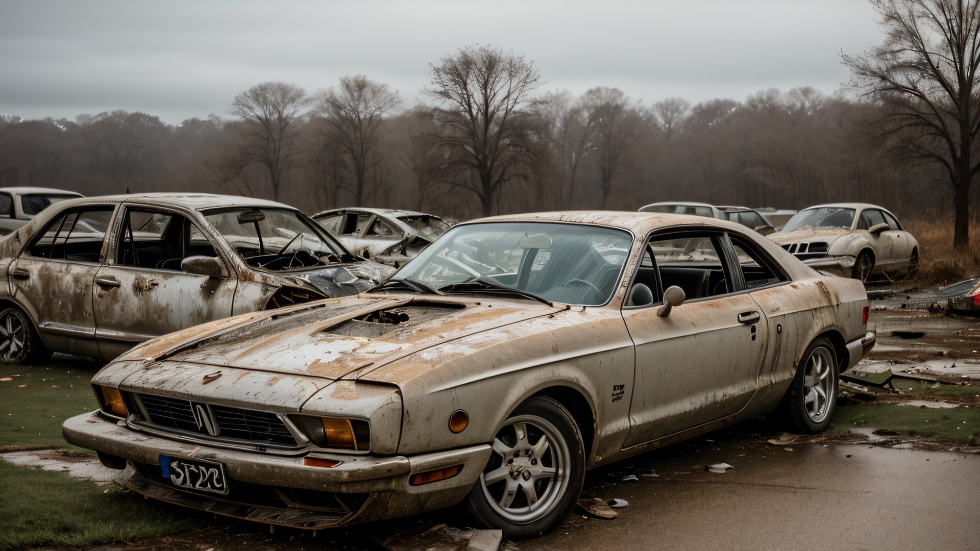 postapocalypse, photo of wrecked old sports car, natural lighting, 8k uhd, high quality, film grain, Fujifilm XT3