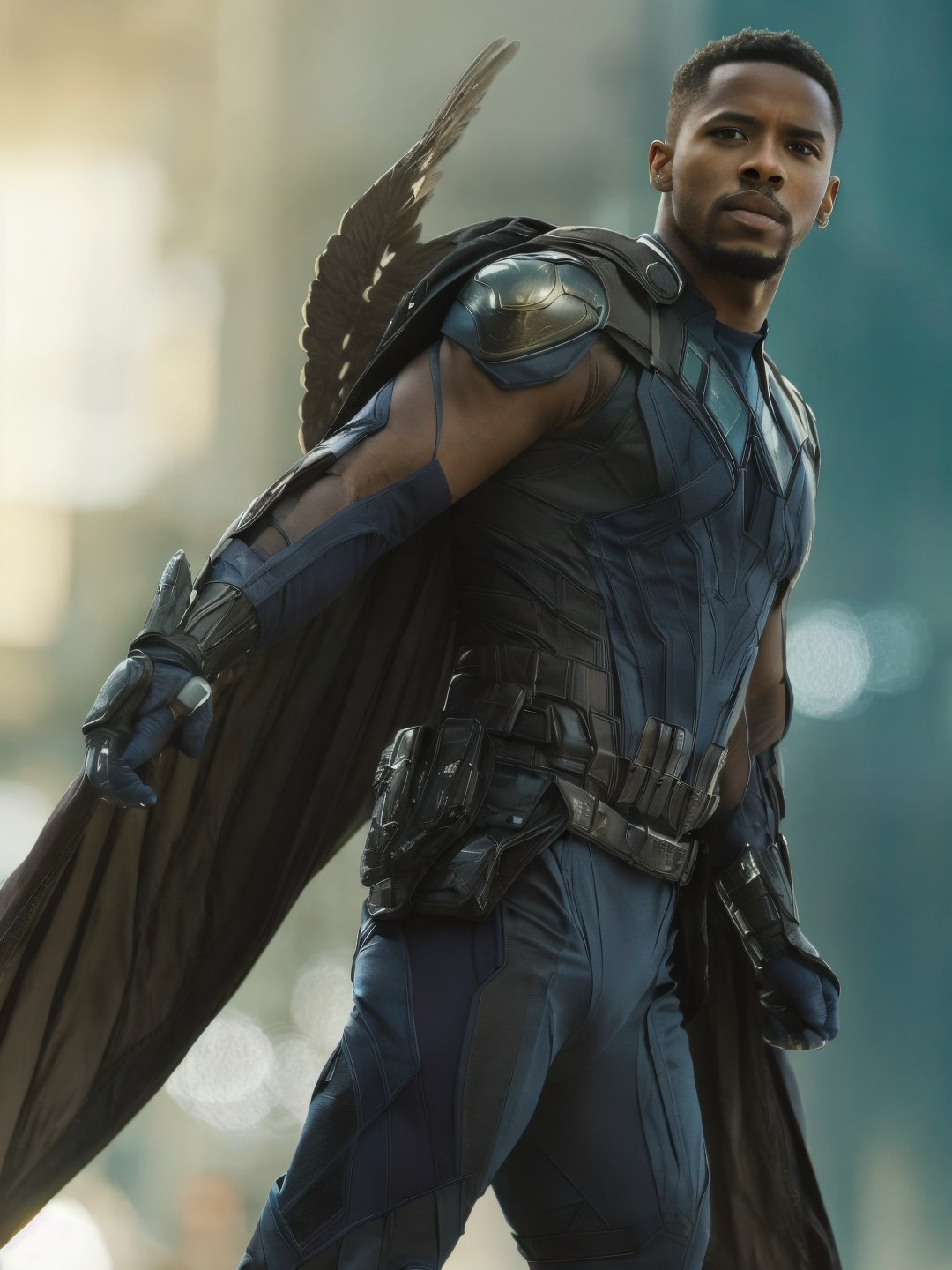 A full length portrait photo of a male Marvel character Sam Wilson wearing Falcon suit with wings posing in an indian village, ((light bokeh)), intricate, elegant, sharp focus, soft lighting, vibrant colors, (masterpiece), ((streets)), (detailed face:1.2)