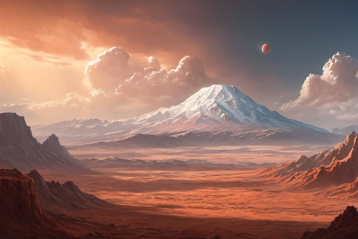 Landscape of planet Mars with the view of the mountain Olympus Mons, view from atmospheric level, volumetric lighting, clouds, realistic, science fiction, fantasy, high detail, ultra hd, realistic, vivid colors, highly detailed, UHD drawing, pen and ink, perfect composition, beautiful detailed intricate insanely detailed octane render trending on artstation, 8k artistic photography, photorealistic concept art, soft natural volumetric cinematic perfect light,Movie Still,greg rutkowski