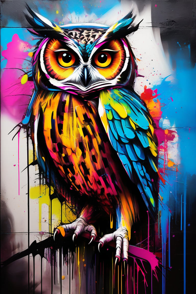 The urban canvas features a lively, life-like owl inspired by street art, depicted in a dynamic and lively pose that gives the impression of: With vitality and movement, people create visually appealing compositions, appealing and urbane artwork. painted world, colorful splash, amazing quality, art station, ink, color splash