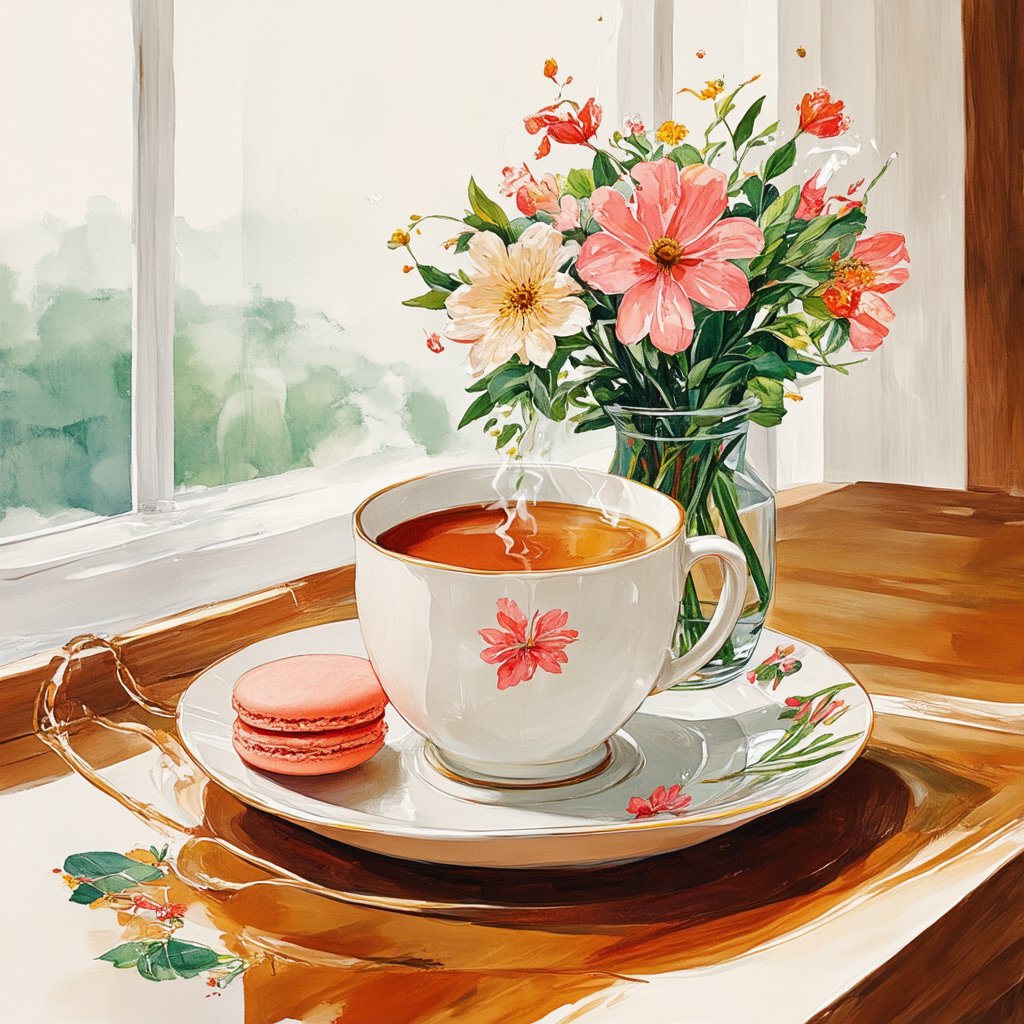 A cozy, intimate still life scene featuring a cup of steaming tea on a delicate saucer, accompanied by a plate of colorful macarons. A vibrant bouquet of flowers sits nearby, adding a splash of color and natural beauty. The scene is softly lit from a nearby window, casting a warm, inviting glow. The composition is centered, with the cup of tea and plate of macarons slightly offset, drawing attention to the bouquet of flowers. The overall atmosphere is serene and inviting, perfect for a quiet moment of indulgence.