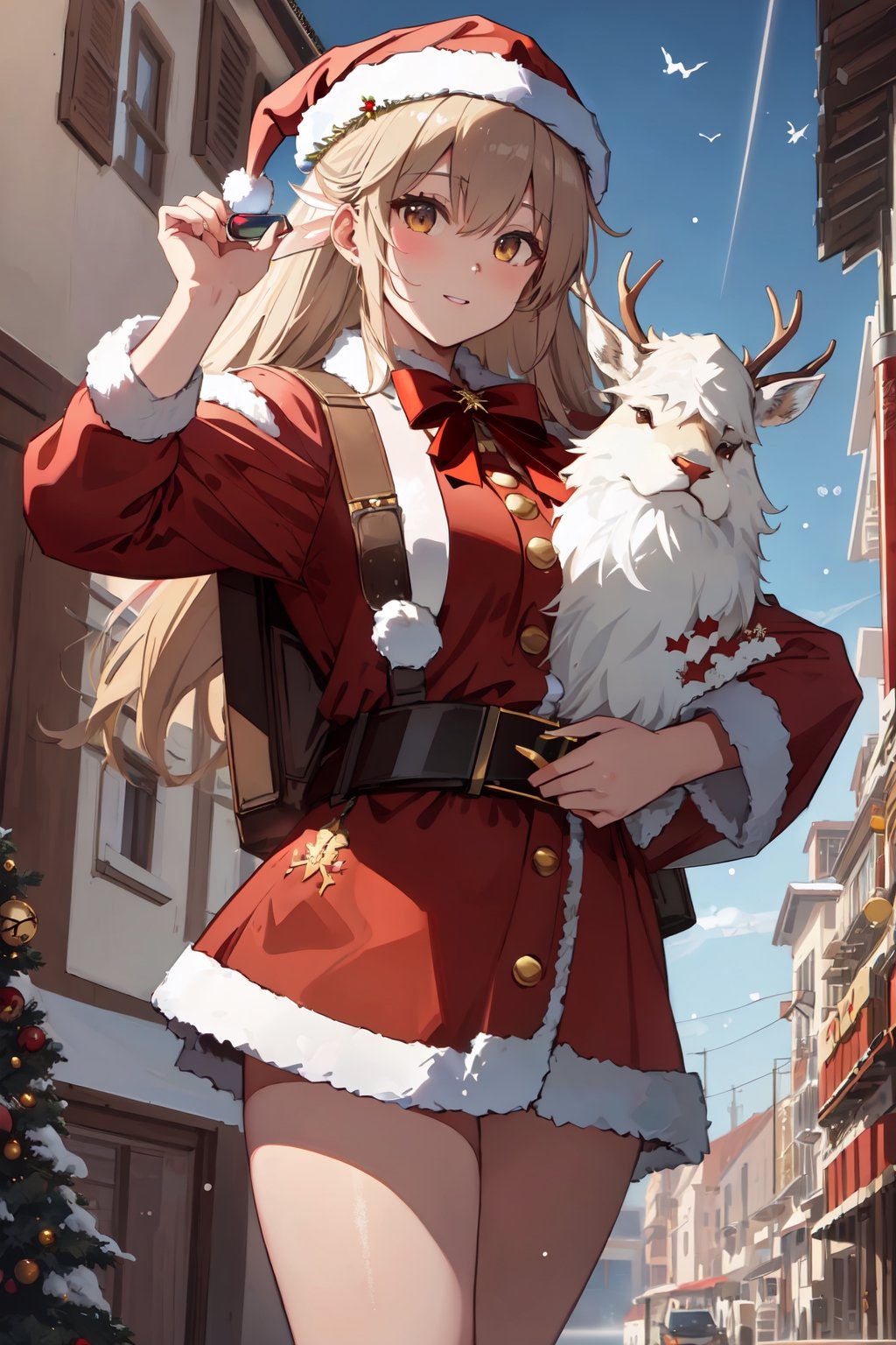 Masterpiece, 4k, elks, day light, muscle, sunglasses,Long shot, full body, rich details, elk, many objects, ((Female Santa Claus)), beautiful face, (((holding an elk)))