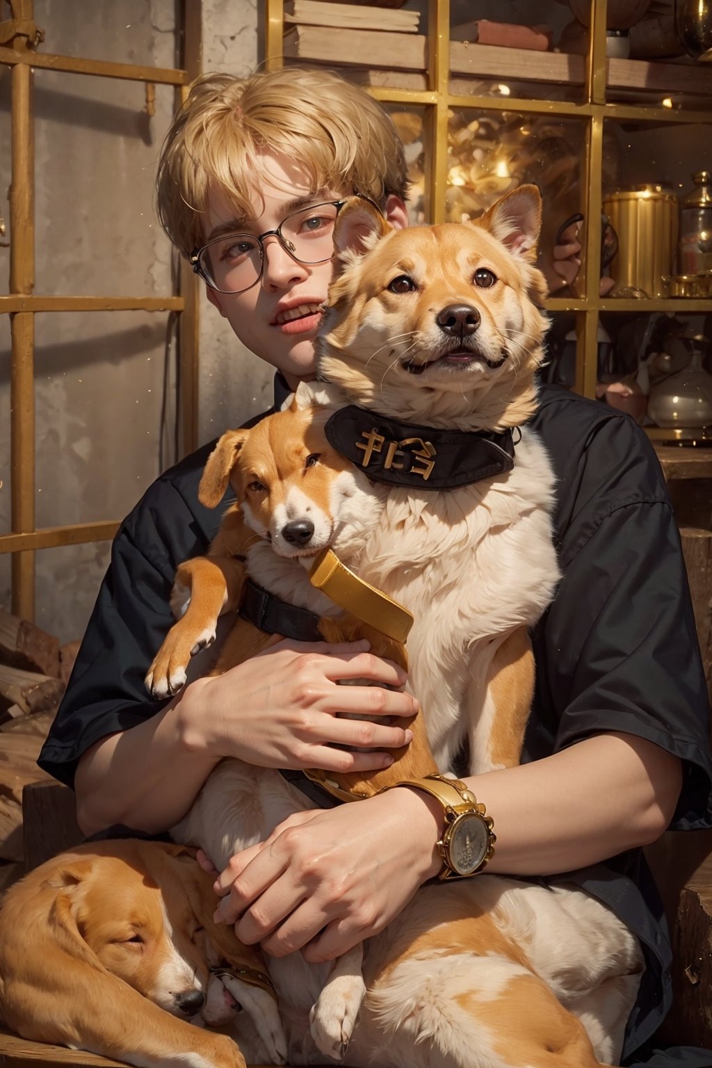 A boy wear glasses sat with a firewood dog in his arms, quality,studio gold,handsome man in suit,blondie in suit