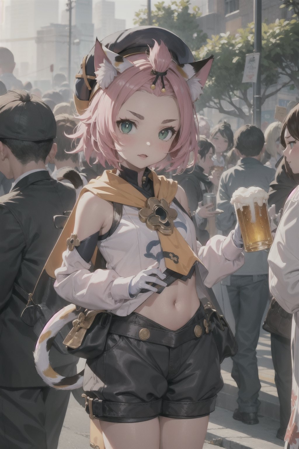 1 Girl, beer, girl holding beer, graceful figure, crowd, beer festival, high-definition image quality, best portrait, SFW., masterpiece, best quality, outdoors,1girl, animal ears, solo, diona (genshin impact), cat ears, pink hair, tail, navel, cat tail, animal ear fluff, hat, shorts,green eyes, cat girl, gloves, white gloves,  detached sleeves,(kbxll:0.8)