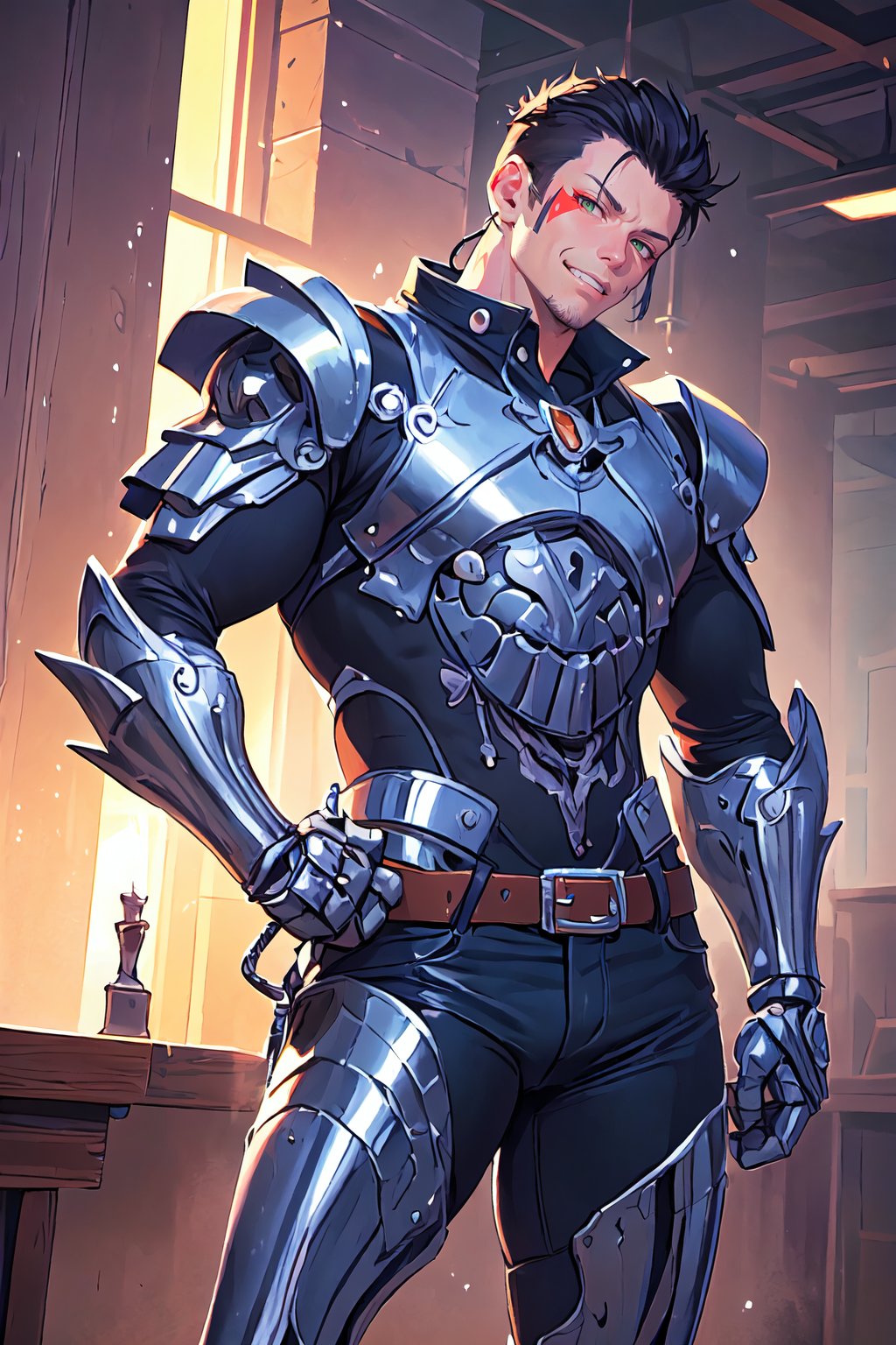 An oil painting of a 1man ,a (((fully clothed))) biomechanical __cowboy  ,cowboy boots,  (((cowboy shirt___))),masculine. (((((injuries show gleaming metal bones and teeth showing through in places ))))),((gunbelt)),colt peacemaker pistol in right hand,clean shaven,strong,confident, sole focus,square chin,  strong jawline,cowboy shot, contrapposto,masterpiece, award-winning photography, macro photography vivid colors, photorealistic, atmospheric, cinematic, moody, rule of thirds, majestic, detailed, sharp details,sharp focus, perfect anatomy, aesthetic, art by  yusuke murata and frank franzetta