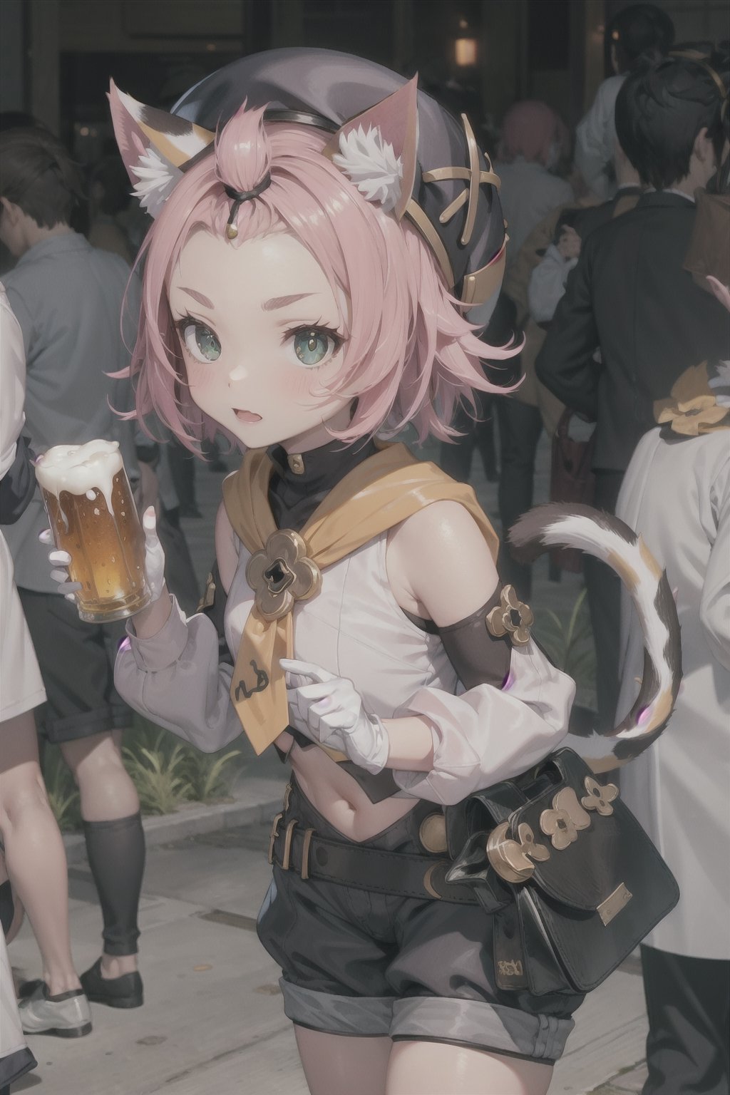 1 Girl, beer, girl holding beer, graceful figure, crowd, beer festival, high-definition image quality, best portrait, SFW., masterpiece, best quality, outdoors,1girl, animal ears, solo, diona (genshin impact), cat ears, pink hair, tail, navel, cat tail, animal ear fluff, hat, shorts,green eyes, cat girl, gloves, white gloves,  detached sleeves,(kbxll:0.8)