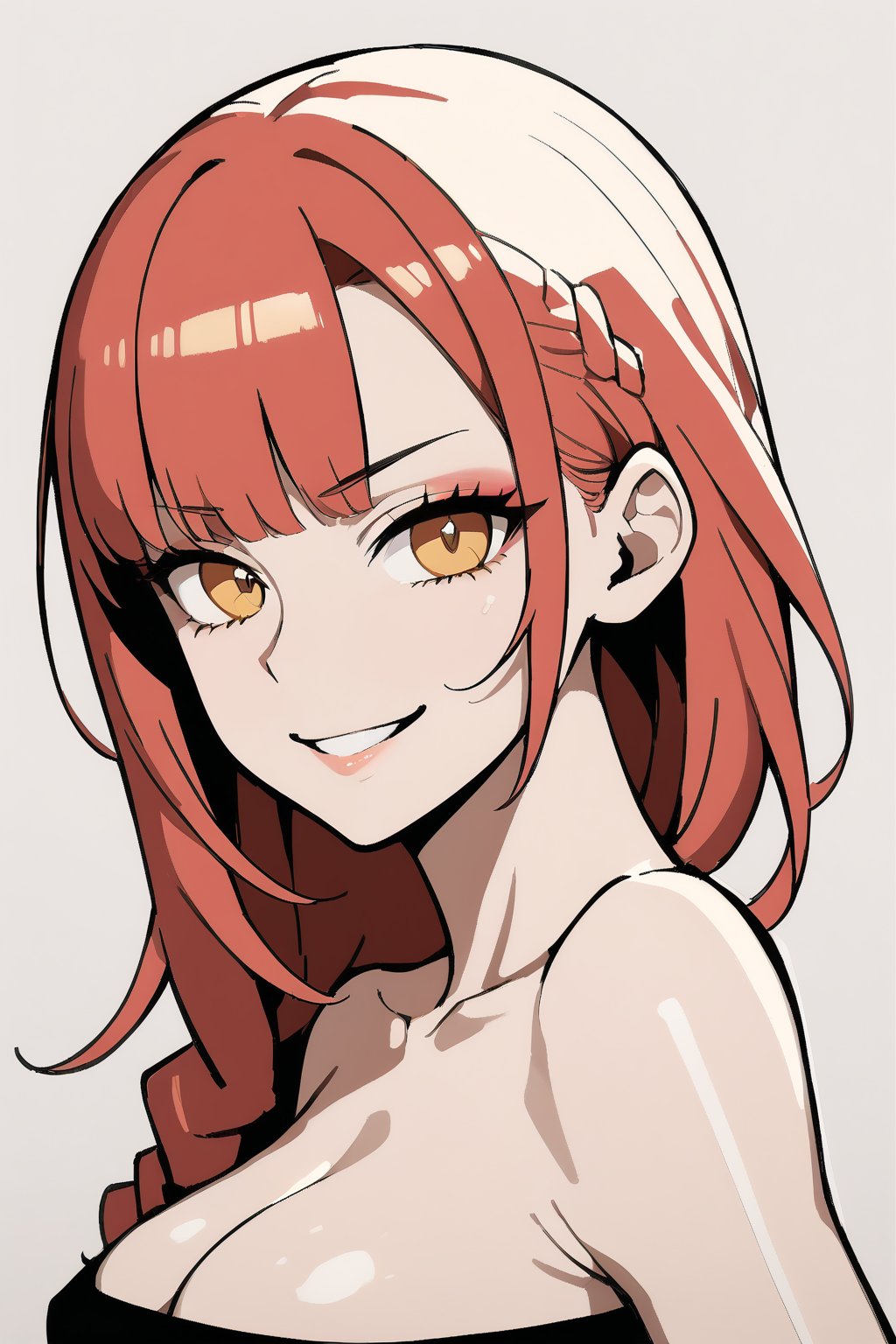 1girl, Luna, sfw, redhead, redhair, loose hair, messy hair, shaved side of the head, head swept to one side,

masterpiece, best quality, 4k, absurdres, 
shiny eyes, smirk, 2D, flat tones, flat shading, white outline, cel shading, 
from below, 