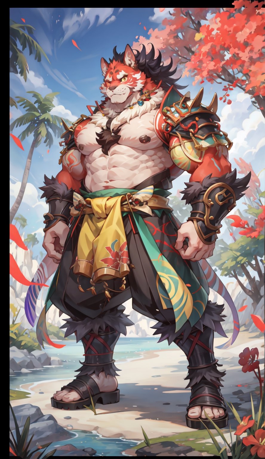 1 kemono mature male, colorful furred, solo, 4K,  masterpiece, ultra-fine details, full_body, thick arms, prominent ear, thick eyebrow, Argus-eyed, big_muscle,  muscular thighs, tall, Muscular,
Japanese summer fastival