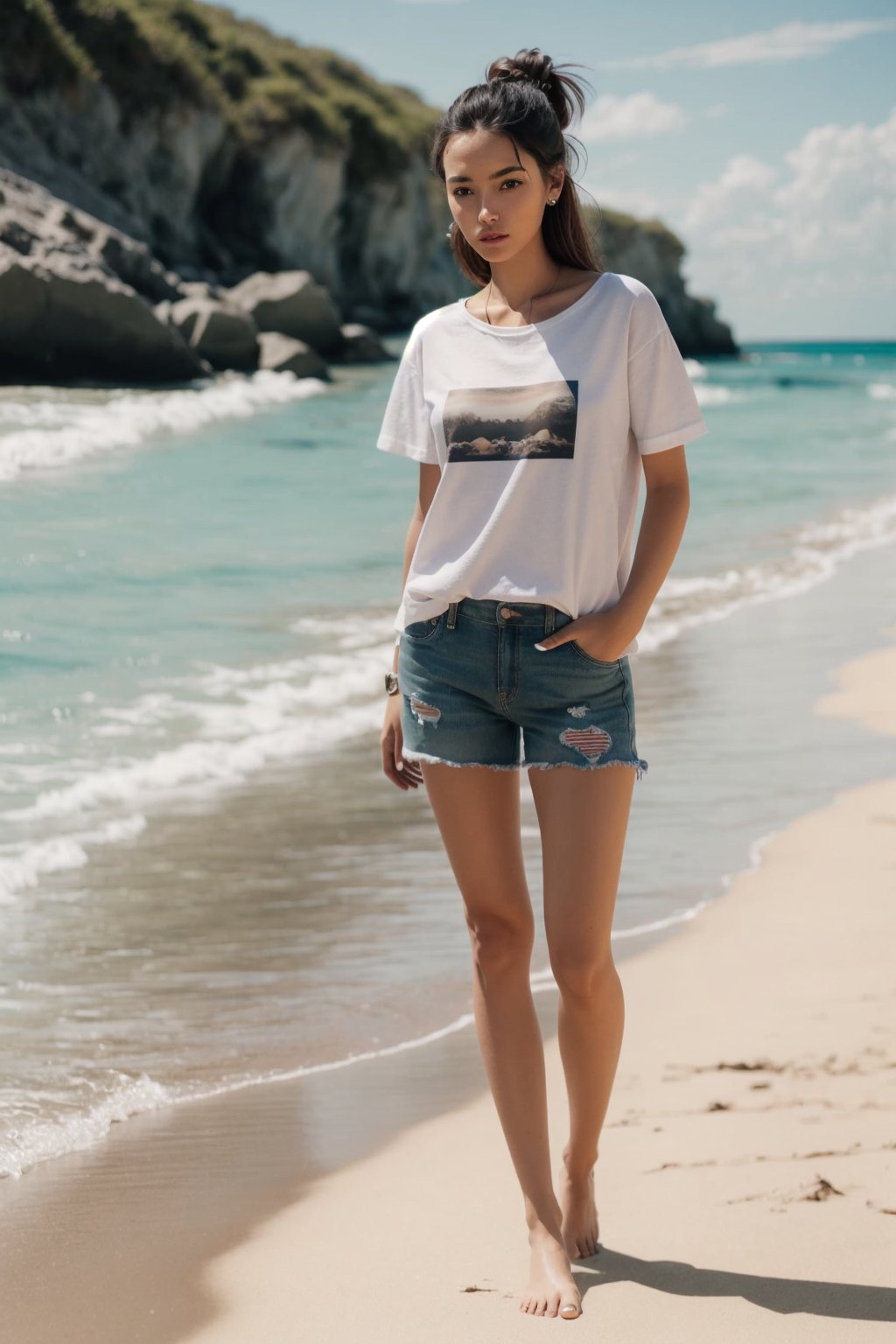 a Caucasian girl 29 year old standing on a beach wearing a white t-shirt,photorealistic, 