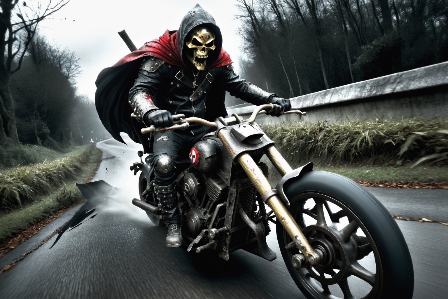 The caped Chainsaw biker, grotesquery, dark, eerie, hellish motorcycle, art by Yoann Lossel, spikes on wheels, bloody Macabre, 2000 AD comic style, red image filter, 3d ground view, High speed Slow motion, Dynamic motion blur, fisheye cam, dslr, raw photography, cinematic motion. 