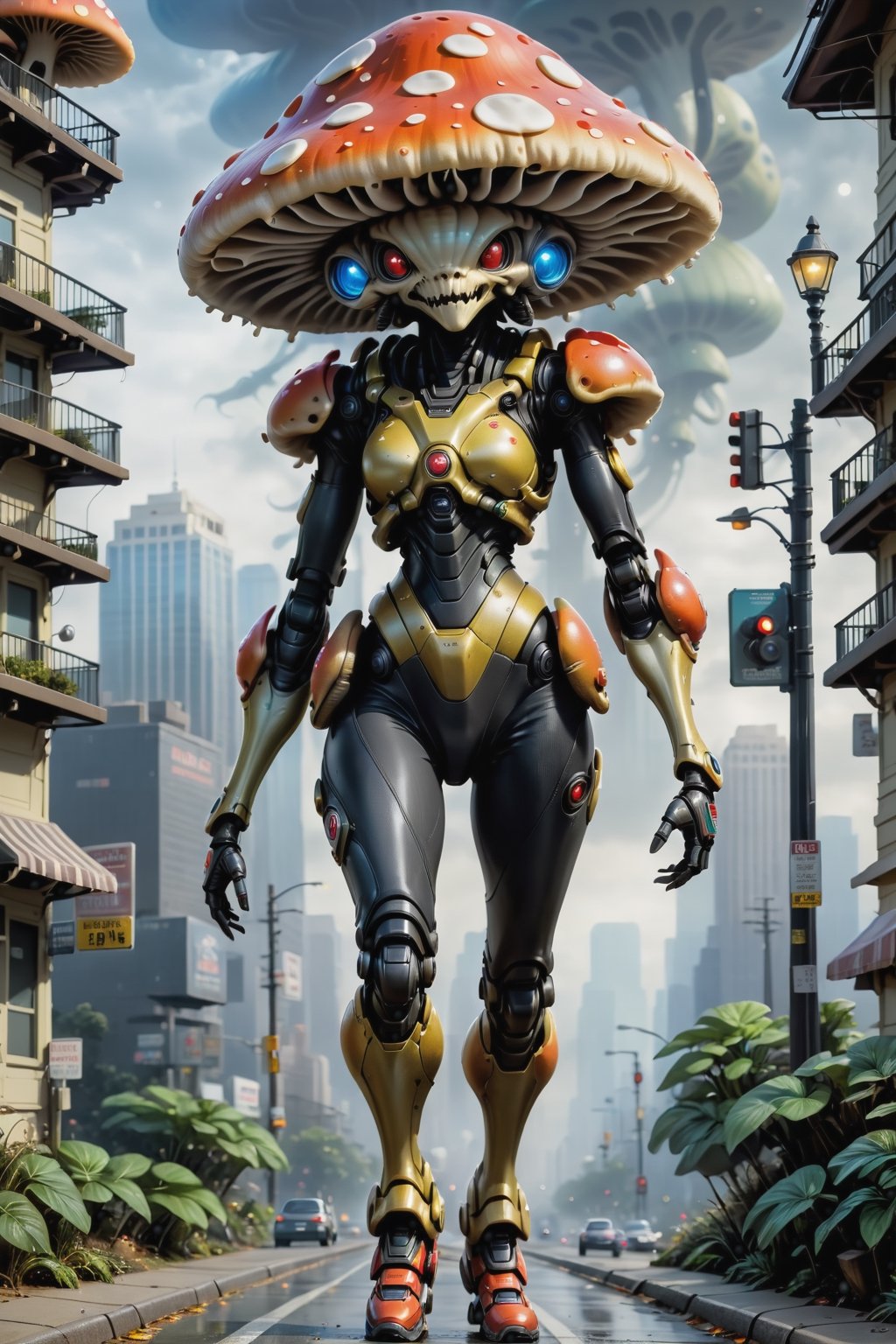 Glossy (Anthropomorphic walking alien mushroom creatures:1.2), with macabre faces inspired by Alex Horley's art style, invading Earth, specifically targeting Los Angeles city, dramatic lighting, golden ratio, ultra-realistic, digital painting. ,mecha