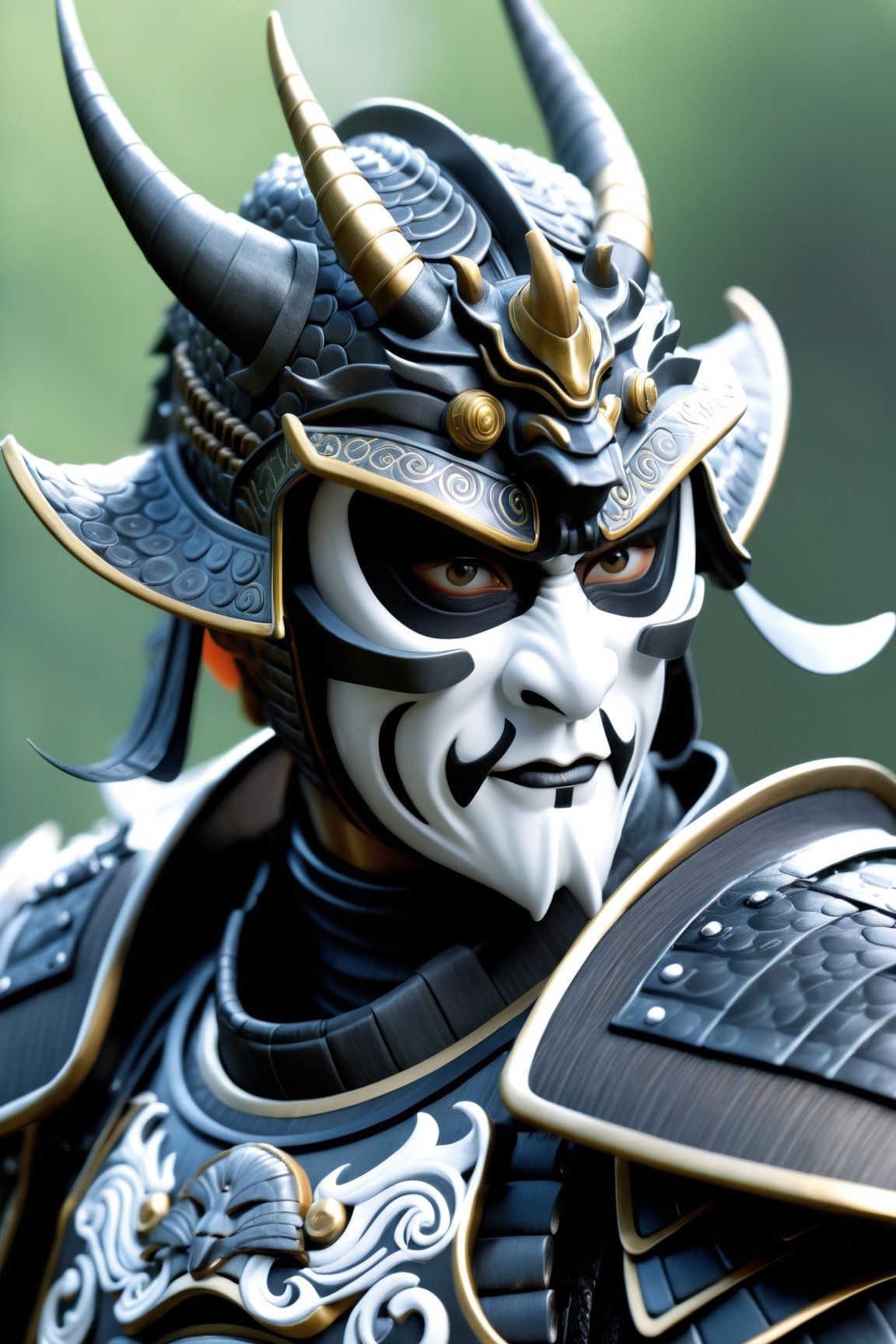 Unsplash by Karol Bak, luis royo, Peter Mohrbacher, Derrick Che, (realistic samurai shogun:1.3), (dark matte grey dragon armour:1.3), (rage mask, white iris eyes:1.2), ZBrush final render, additional Blender details, Realistic 3d effect, Extremely Realistic, cinematic moviemaker style