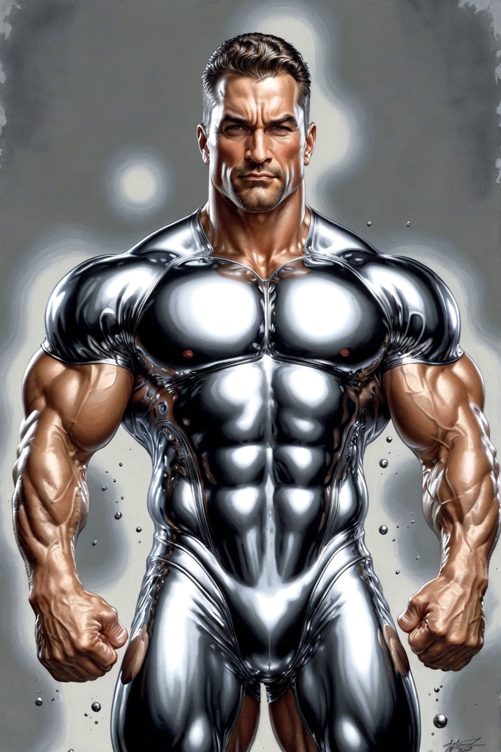 Photorealism, 8k, sharpest detail, (Man with (full) body made of chrome:1.2), heroic front posing as bodybuilder, arms up, perfect anatomy and musculature, masterpiece art by joe madureira and joe jusko, (reflective:1.2). 