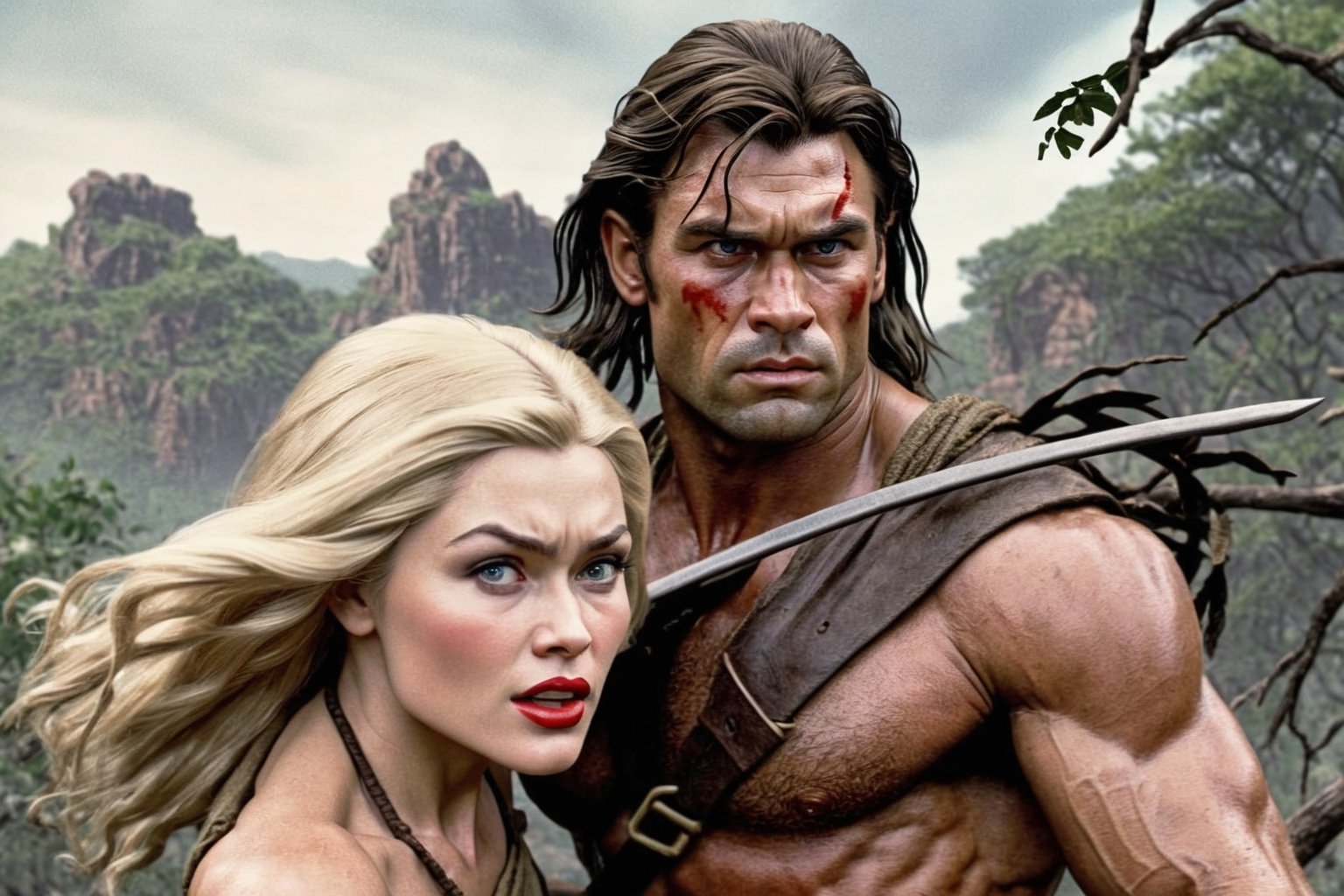 Award-wining photography, (Savage man Tarzan), protecting a beautiful 1920s (blonde woman), perfect face, sharp eyes, extremely definition, ripped clothes, pre-historic wilderness, Volumetric 3d effect, ZBrush render, additional Blender details, scene from a cinematic high quality movie, action, eerie, Vintage style, cinematic natural lighting, lines by Frank Frazetta. 