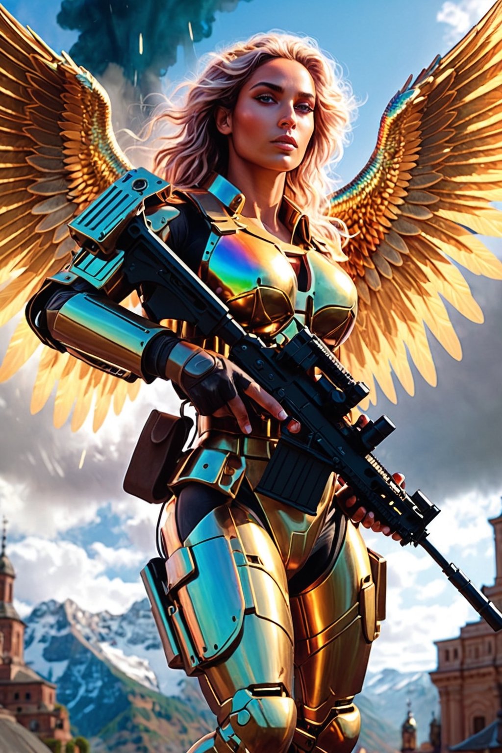 (Archangel Gabriela), (armed with a realistic heavy machinegun:1.2), descending from the skies, 8k, concept art by Greg Rutkowski, Artgerm, WLOP, Alphonse Mucha, dynamic lighting, hyperdetailed, intricately detailed Splash art, triadic colors, Unreal Engine 5, volumetric lighting Canaletto photorealism movie poster, stunning, something that even doesn't exist, mythical being, energised, molecular textures, iridescent and luminescent scales, breathtaking beauty, pure perfection, divine presence, unforgettable, impressive, Volumetric light, auras, rays, vivid colors, reflects. 