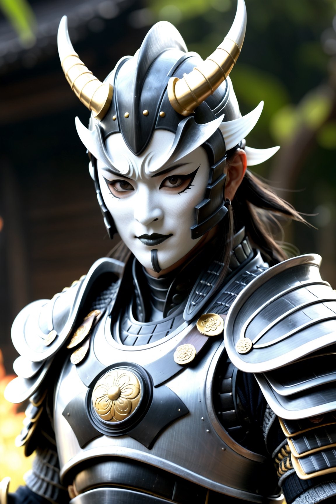 Unsplash by Karol Bak, luis royo, Peter Mohrbacher, Derrick Che, (realistic samurai shogun:1.3), (dark matte grey dragon armour:1.3), (rage mask, white iris eyes:1.2), ZBrush final render, additional Blender details, Realistic 3d effect, Extremely Realistic, cinematic moviemaker style