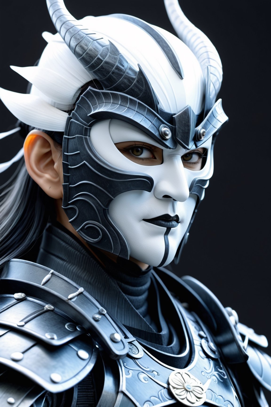 Unsplash by Karol Bak, luis royo, Peter Mohrbacher, Derrick Che, (realistic samurai shogun:1.3), (dark matte grey dragon armour:1.3), (rage mask, white iris eyes:1.2), ZBrush final render, additional Blender details, Realistic 3d effect, Extremely Realistic, cinematic moviemaker style