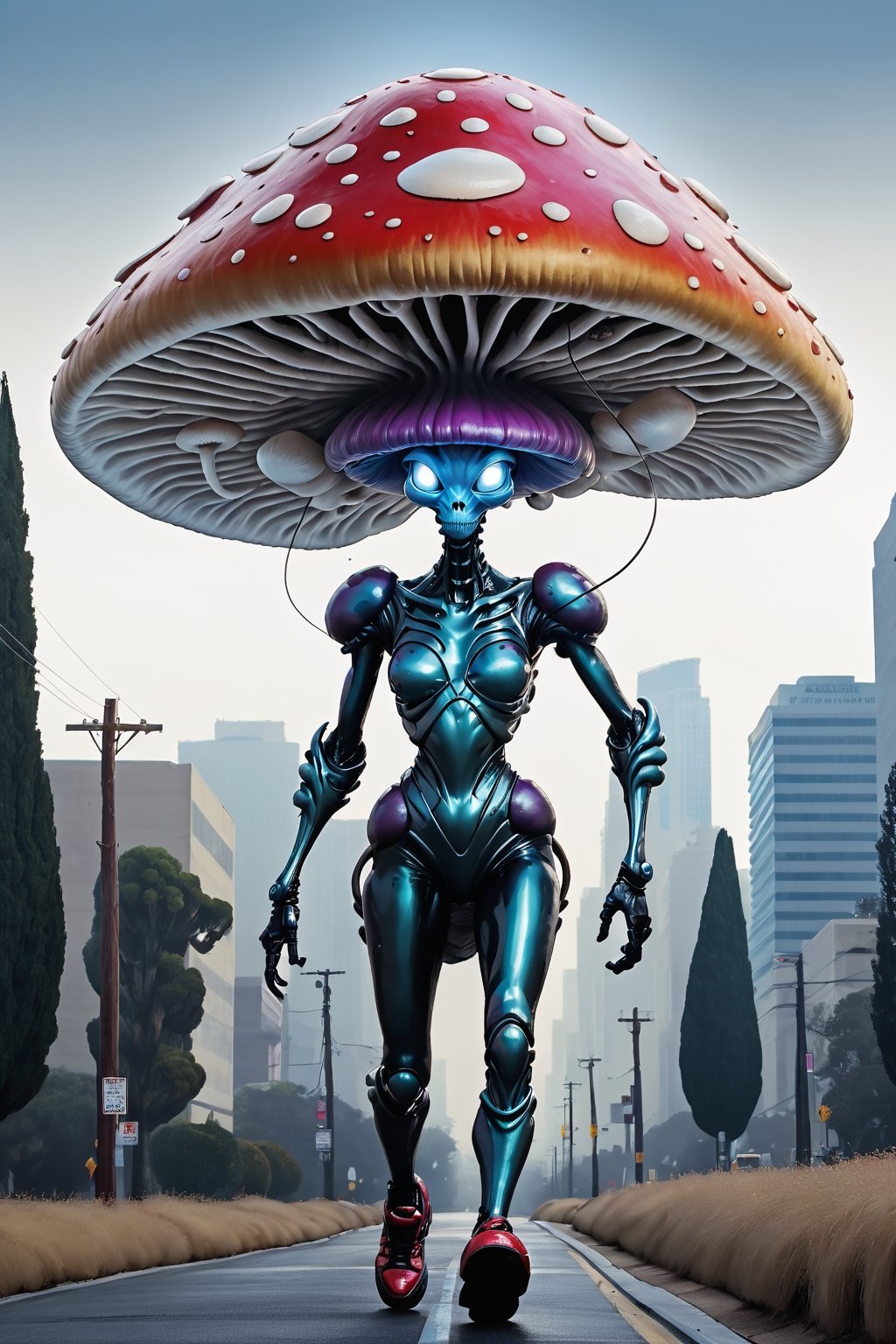 Glossy Anthropomorphic walking alien mushroom creatures, with macabre faces inspired by Alex Horley's art style, invading Earth, specifically targeting Los Angeles city, dramatic lighting, golden ratio, ultra-realistic, digital painting. 