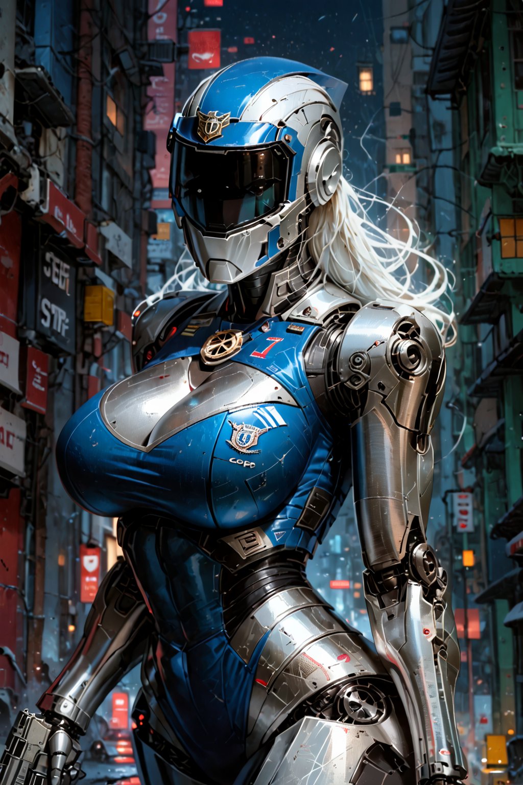 (insanely Slim fit, sexy robot cop woman:1.4), (wearing full metallic matte light blue grey smooth armor:1.3), rounded smooth shapes, (huge breasts:1.2), (wearing a full steel beautiful face helmet:1.3), commanding action pose, (handling a long automatic sci-fi pistol:1.3), night scene, police red and blue lights, score_9_up, score_8_up, score_7_up,