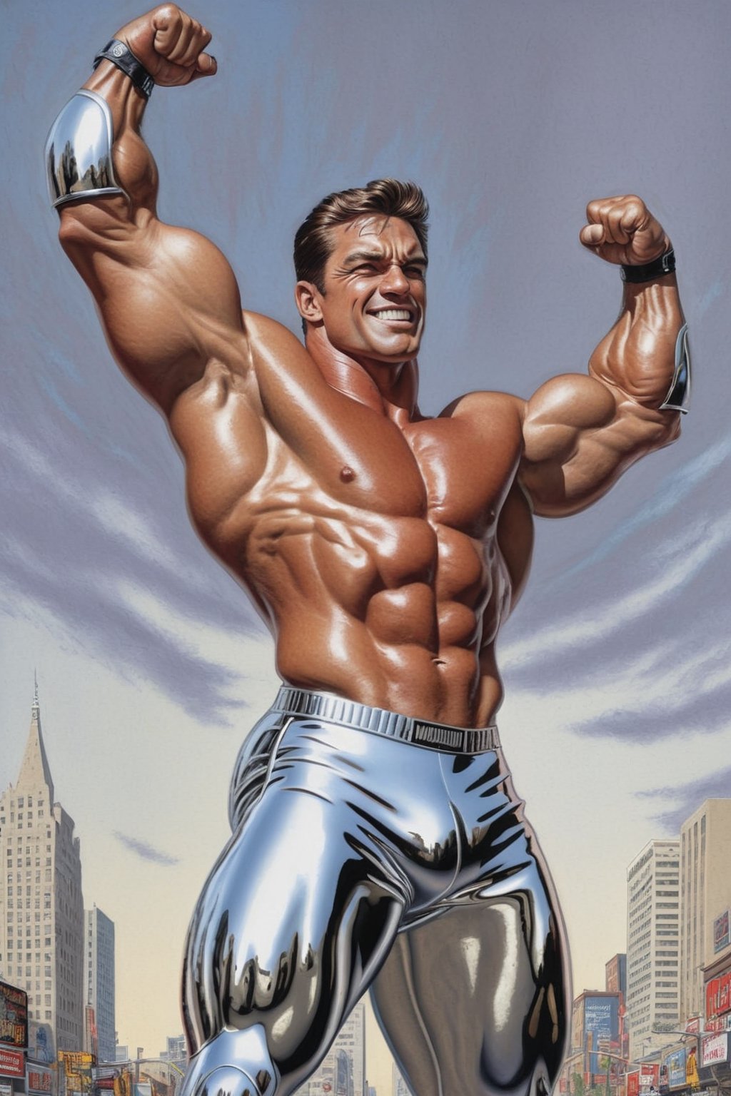 Photorealism, 8k, sharpest detail, (Man with (full) body made of chrome:1.2), heroic front posing as bodybuilder, arms up, perfect anatomy and musculature, masterpiece art by joe madureira and joe jusko, (reflective:1.2). 