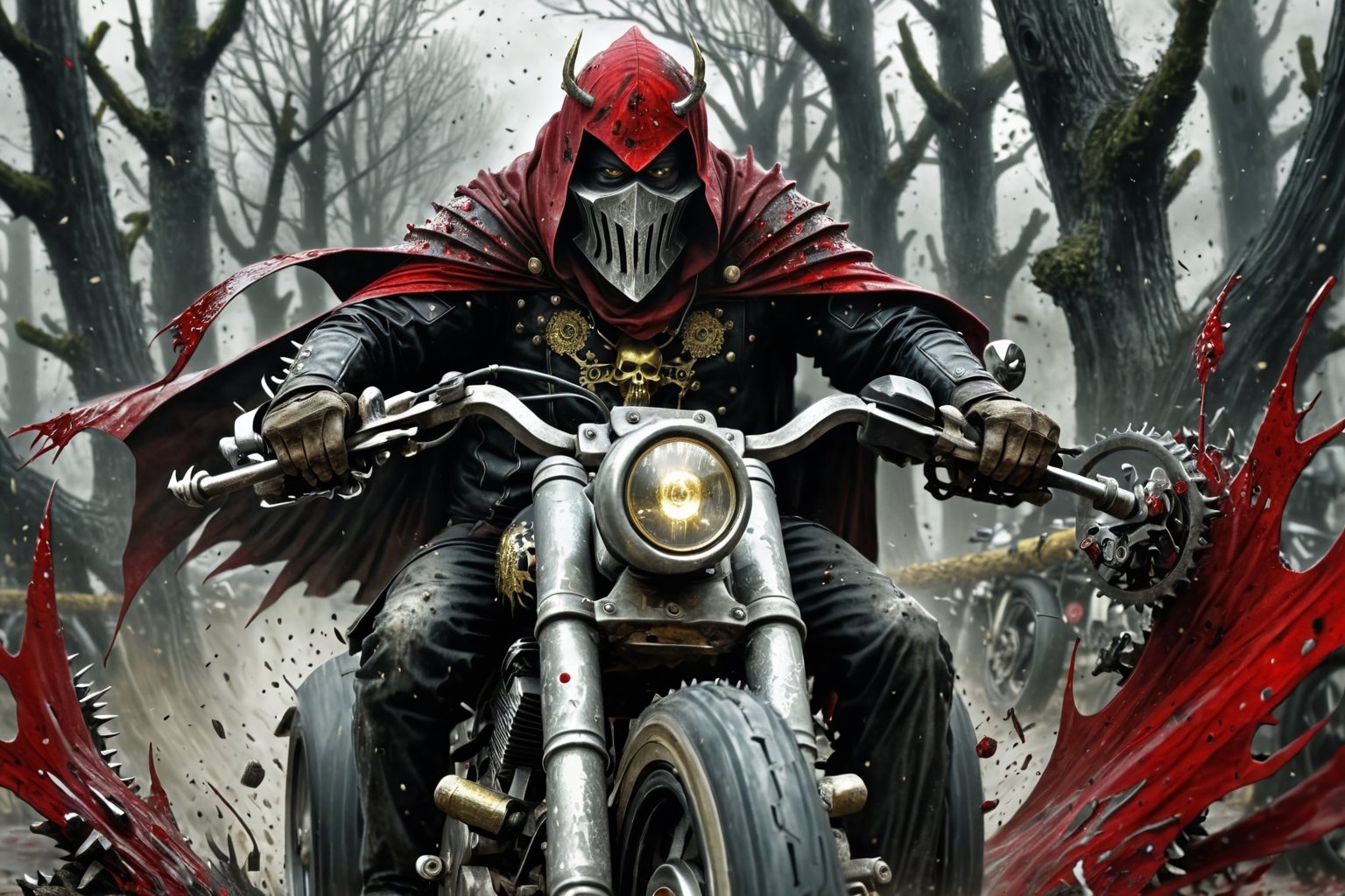 The caped Chainsaw biker, grotesquery, dark, eerie, hellish motorcycle, art by Yoann Lossel, spikes on wheels, bloody Macabre, 2000 AD comic style, red image filter, 3d ground view, High speed Slow motion, Dynamic motion blur, fisheye cam, dslr, raw photography, cinematic motion. 