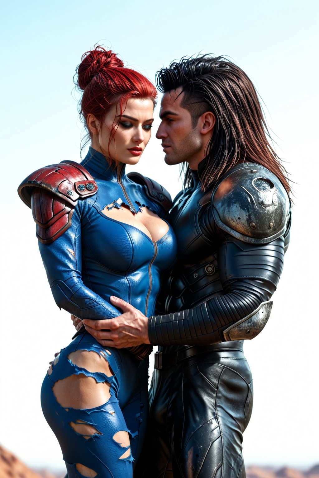 Dystopian war, Metal hurlant art style, (power couple:1.4), (a woman, extremly beautiful, ripped muscles, thicc ties, busty, red hair mistress, wearing ripped short bodysuit, shoulder pads:1.3), calm and assertive bad look, behind her back a (big alien bodyguard man, extremely muscled with light armor, spiked hair:1.3), (warfare:1.3), (futuristic dark sci-fi style, dystopian wasteland city background) , score_9_up, score_8_up, score_7_up,