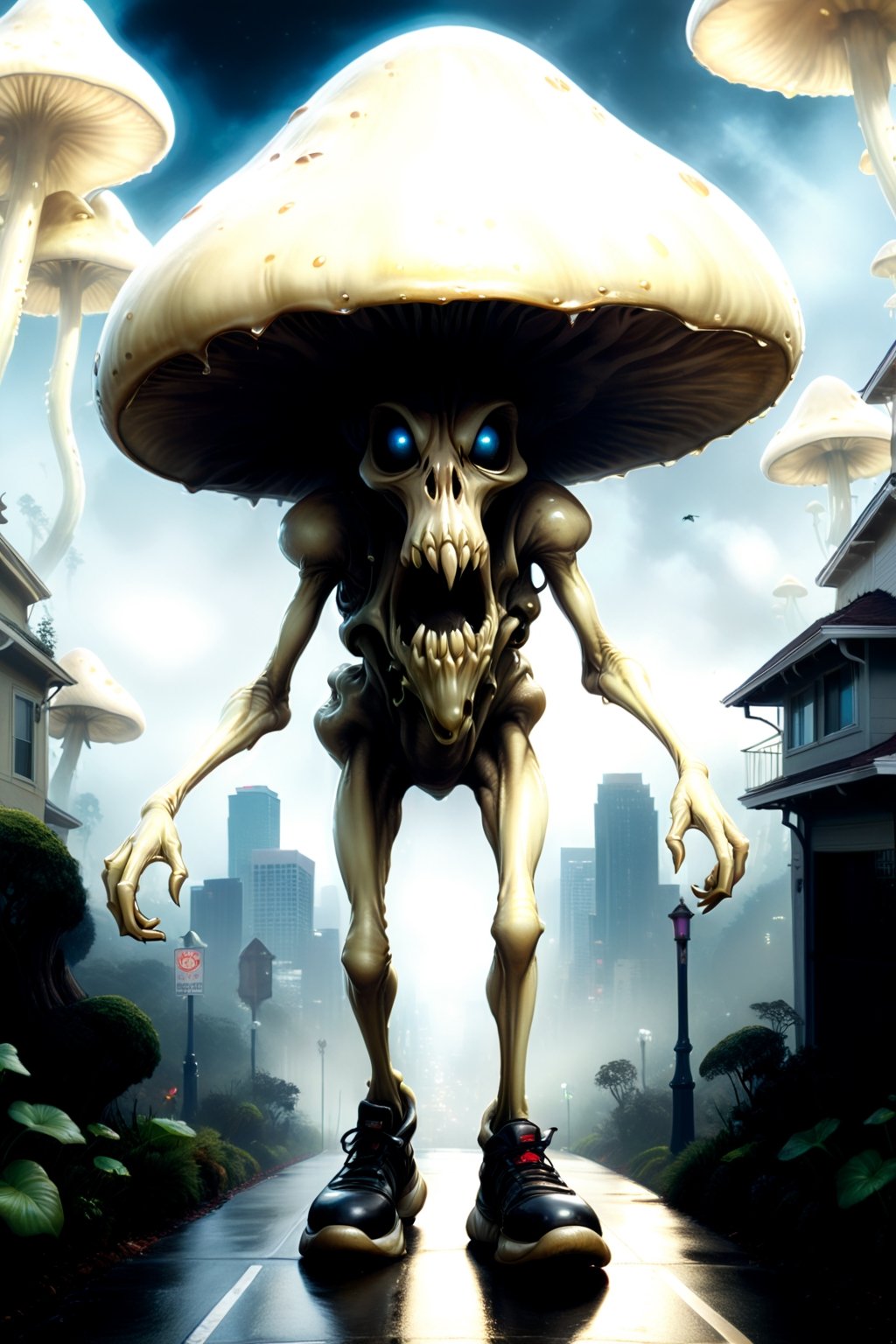 Glossy Anthropomorphic walking alien mushroom creatures, with macabre faces inspired by Alex Horley's art style, invading Earth, specifically targeting Los Angeles city, dramatic lighting, golden ratio, ultra-realistic, digital painting. 