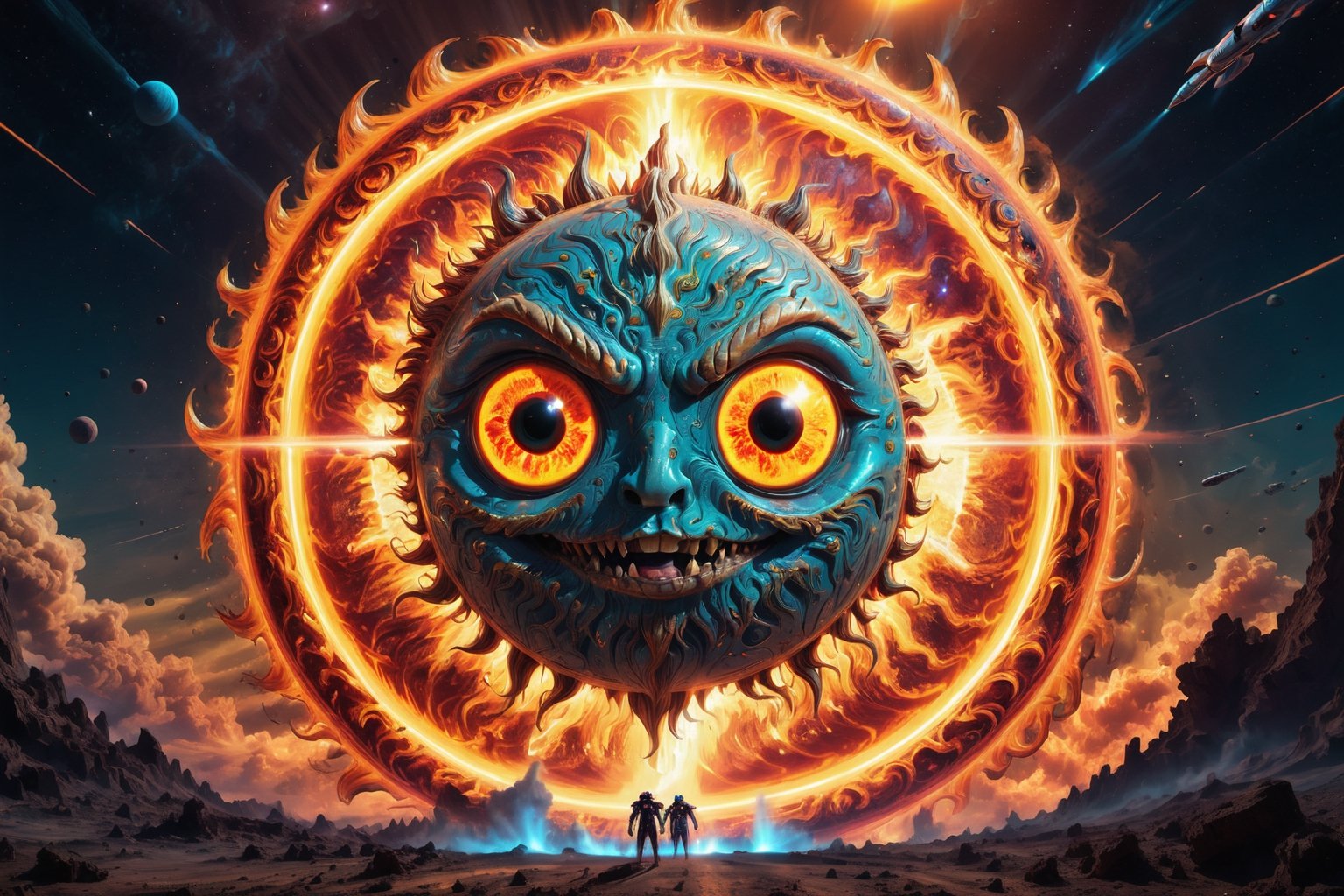 Award-wining sci-fi digital art, (a Gigantic fiery sun with eyes, sarcastically smiling:1.4), in a collision path with a planet, (a rocket spaceship flees into open space towards the camera:1.2), intricate details, galactic aura symphony. 