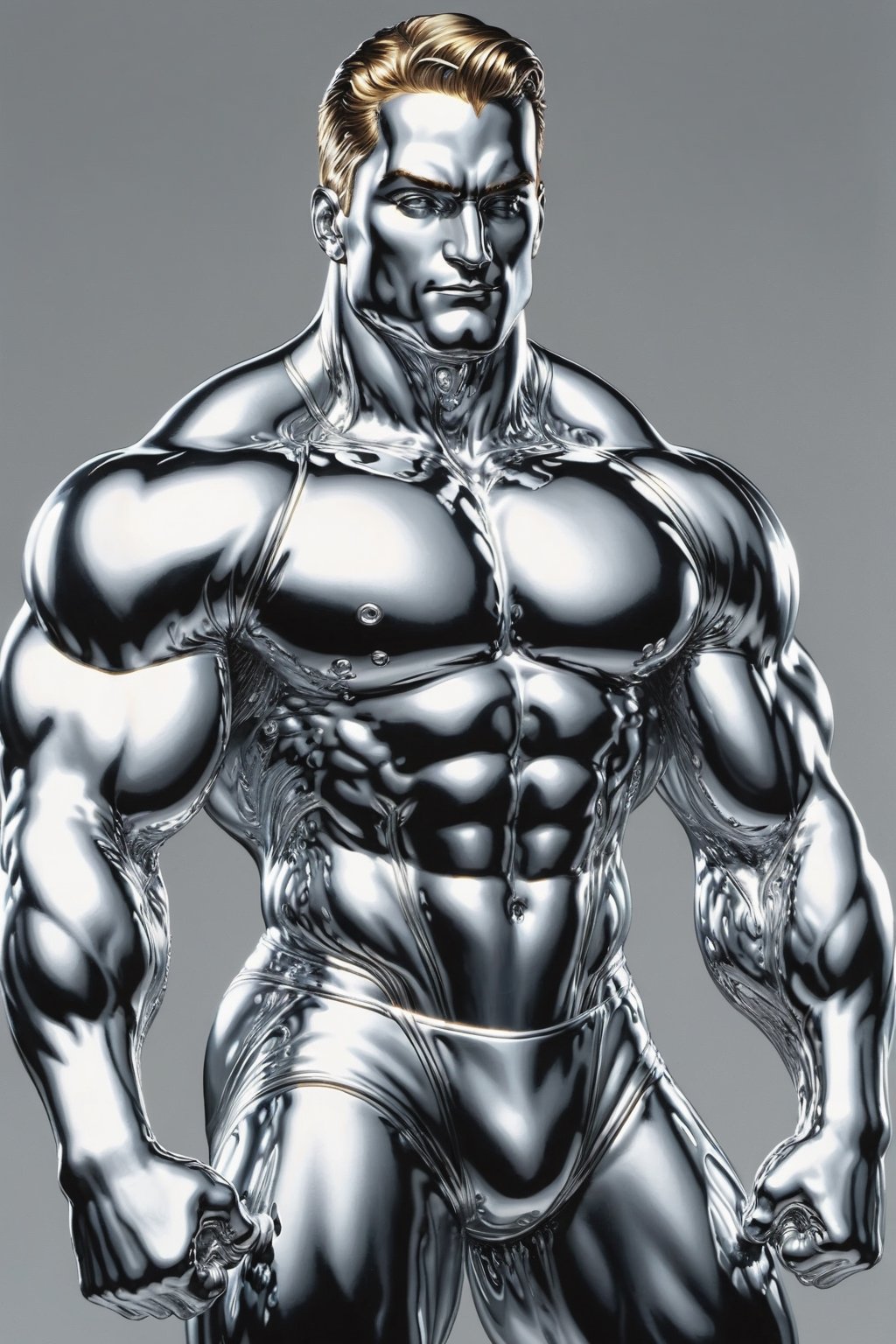 Photorealism, 8k, sharpest detail, (Man with (full) body made of chrome:1.2), heroic front posing as bodybuilder, arms up, perfect anatomy and musculature, masterpiece art by joe madureira and joe jusko, (reflective:1.2). 